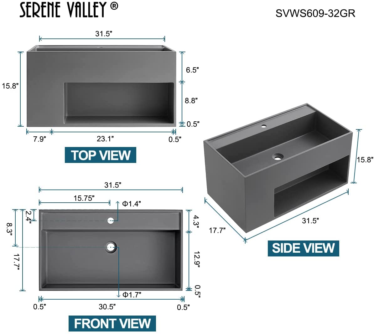 Serene Valley Bathroom Floating Vanity, 32" Wall-Mount Sink with Large Storage Space and Pop-Up Strainer, Solid Surface Material in Matte Gray, SVWS609-32GR-Serene Valley
