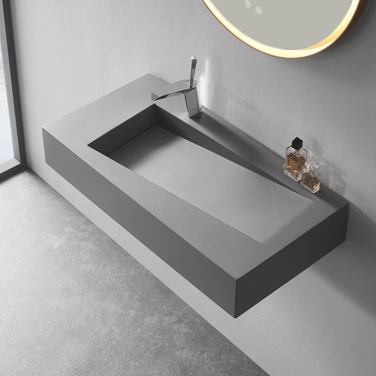 Serene Valley Floating or Countertop Bathroom Sink, Unique Diamond Sink with Hidden Drain, 36" Solid Surface Material in Matte Gray, SVWS610-36GR-Serene Valley
