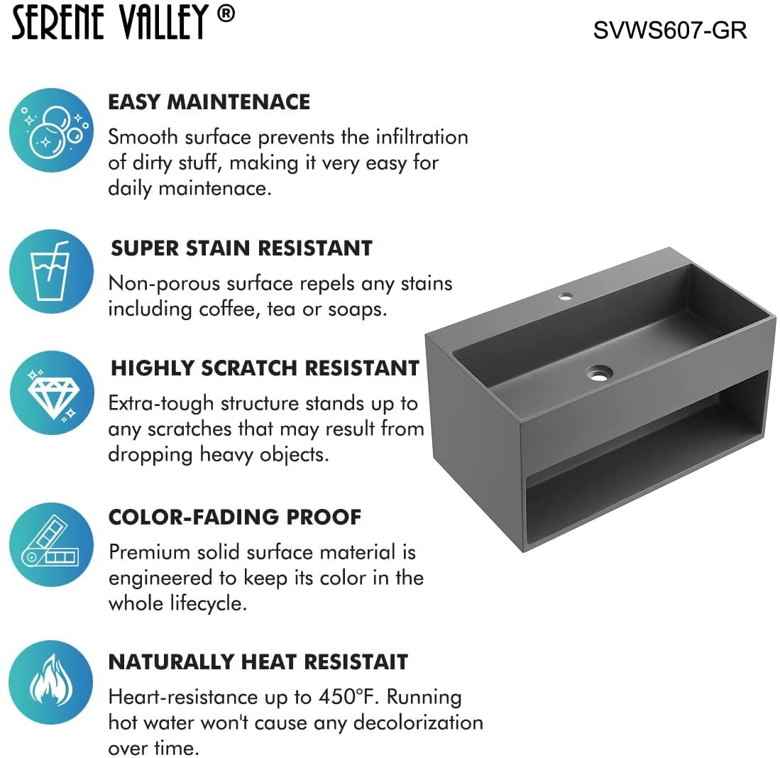 Serene Valley Bathroom Floating Vanity, 32" Wall-Mount Sink with Built-in Towel Space, Solid Surface Material in Matte Gray, SVWS607-32GR-Serene Valley