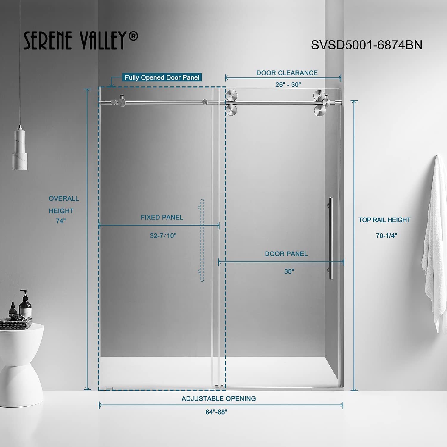 Serene Valley SVSD5001-6874BN Big Roller Frameless Sliding Shower Door - Superclear 3/8" Tempered Glass - 304 Stainless Steel Hardware in Brushed Nickel 64"- 68"W x 74"H-Serene Valley