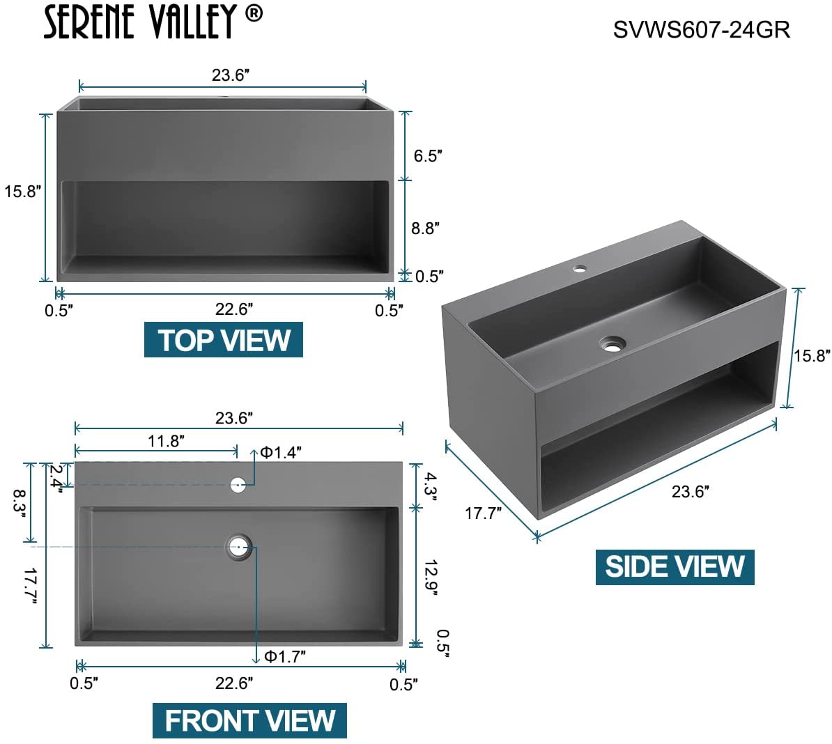 Serene Valley Bathroom Floating Vanity, 24" Wall-Mount Sink with Built-in Towel Space, Solid Surface Material in Matte Gray, SVWS607-24GR-Serene Valley