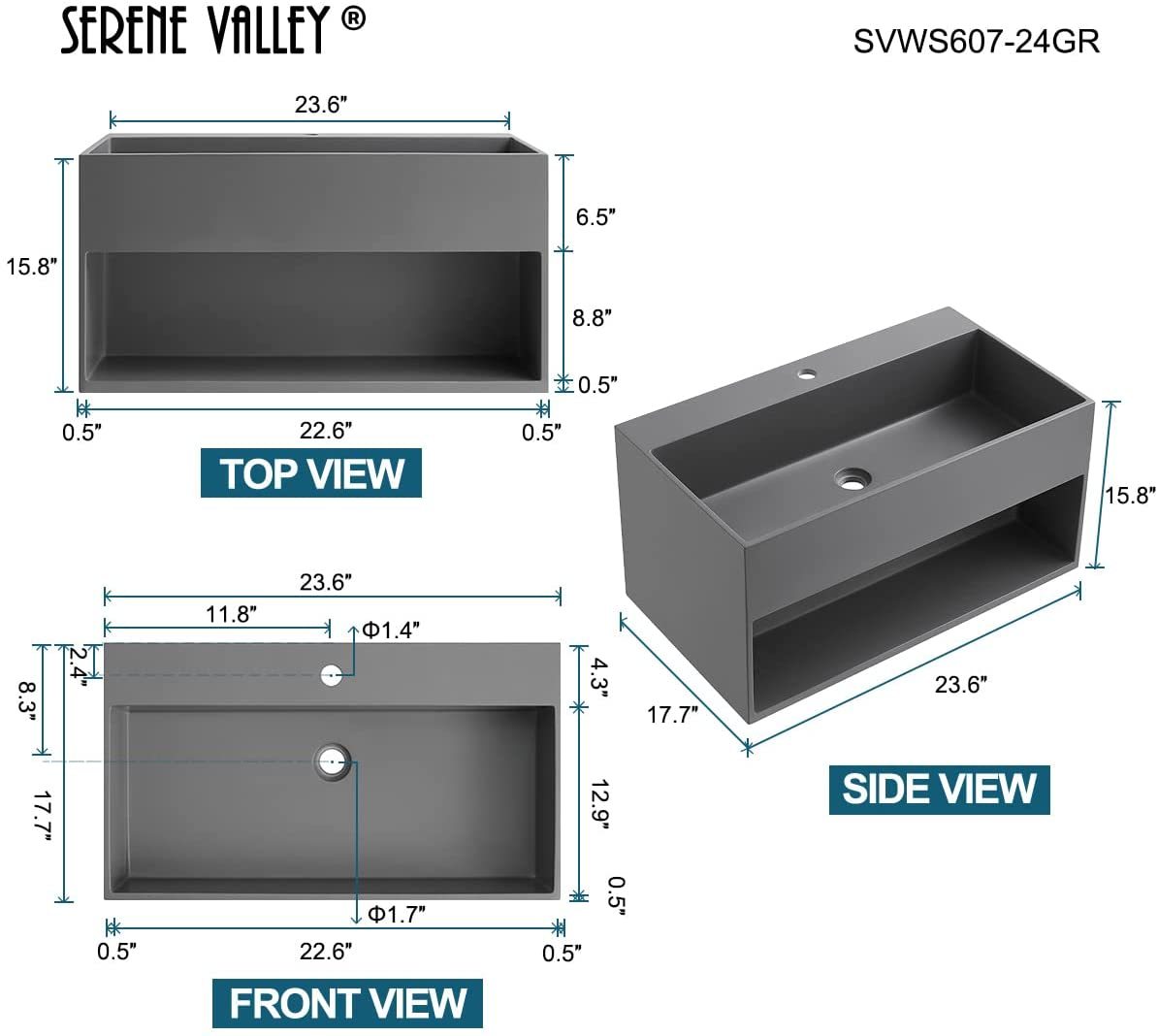 Serene Valley Bathroom Floating Vanity, 24" Wall-Mount Sink with Built-in Towel Space, Solid Surface Material in Matte Gray, SVWS607-24GR-Serene Valley