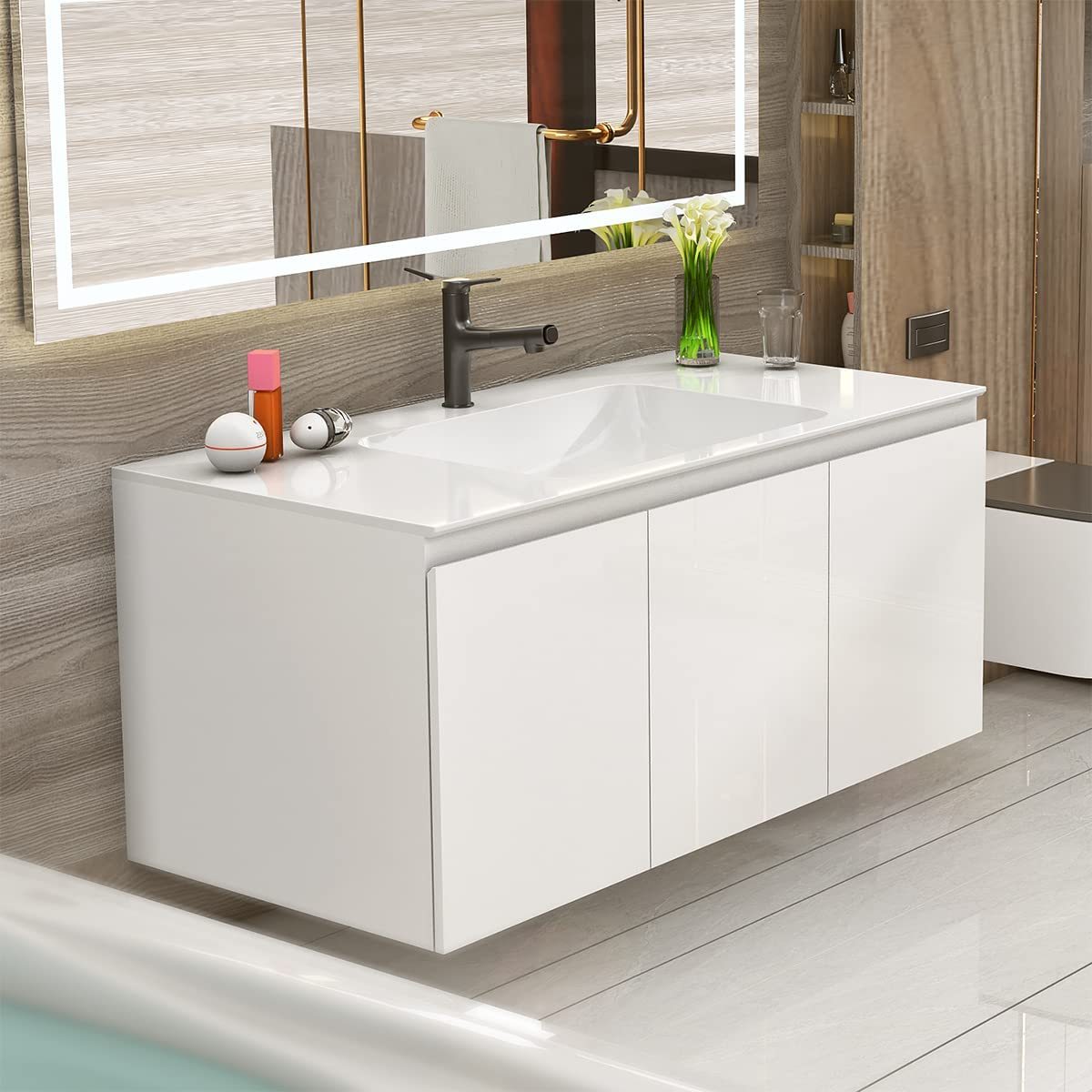 Serene Valley Bathroom Floating Vanity with Hinged Cabinet, Square Sink Bowl with Matching Pop-Up Strainer, 40" Solid Surface Material in Matte White, SVWS617-40WH-Serene Valley