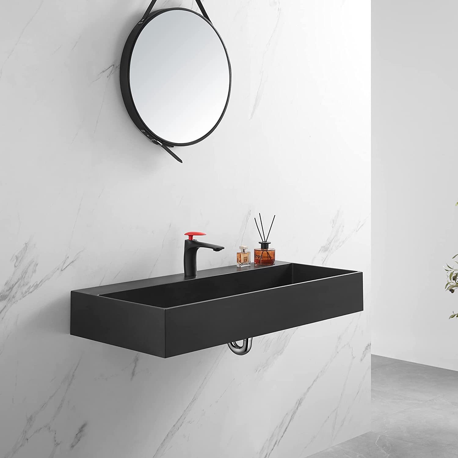 Serene Valley Bathroom Sink, Wall-Mount Install or On Countertop, 47" with Single Faucet Hole, Premium Granite Material in Matte Black-Serene Valley