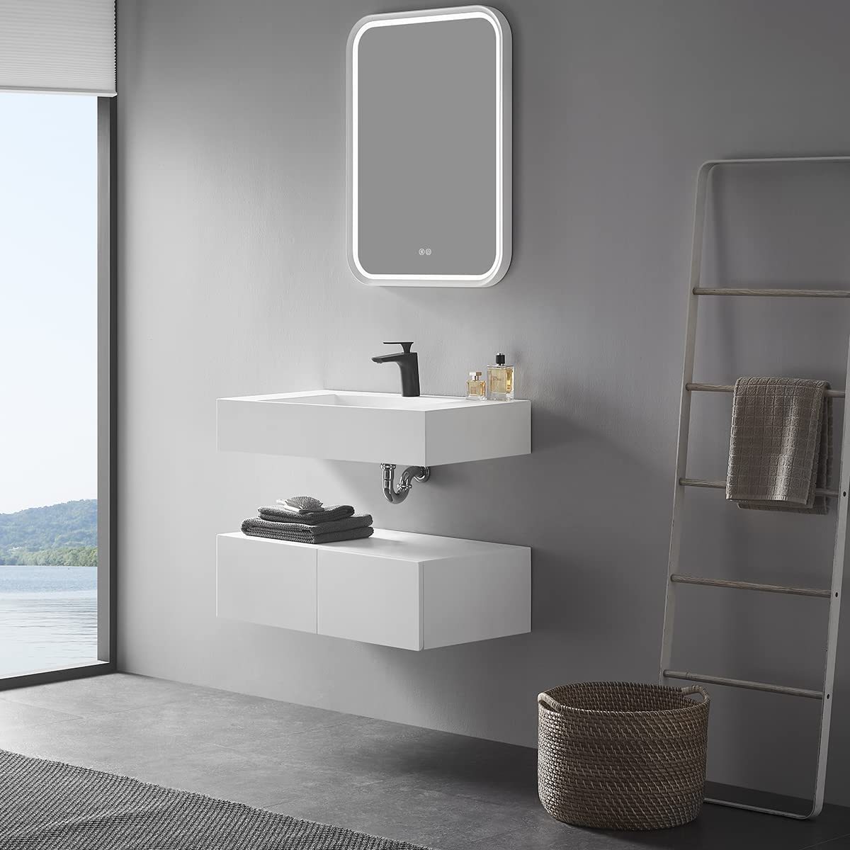 Serene Valley Floating or Countertop Bathroom Sink, Classic Square Sink with Hidden Drain Design, 32" Solid Surface Material in Matte White, SVWS612-32WH-Serene Valley