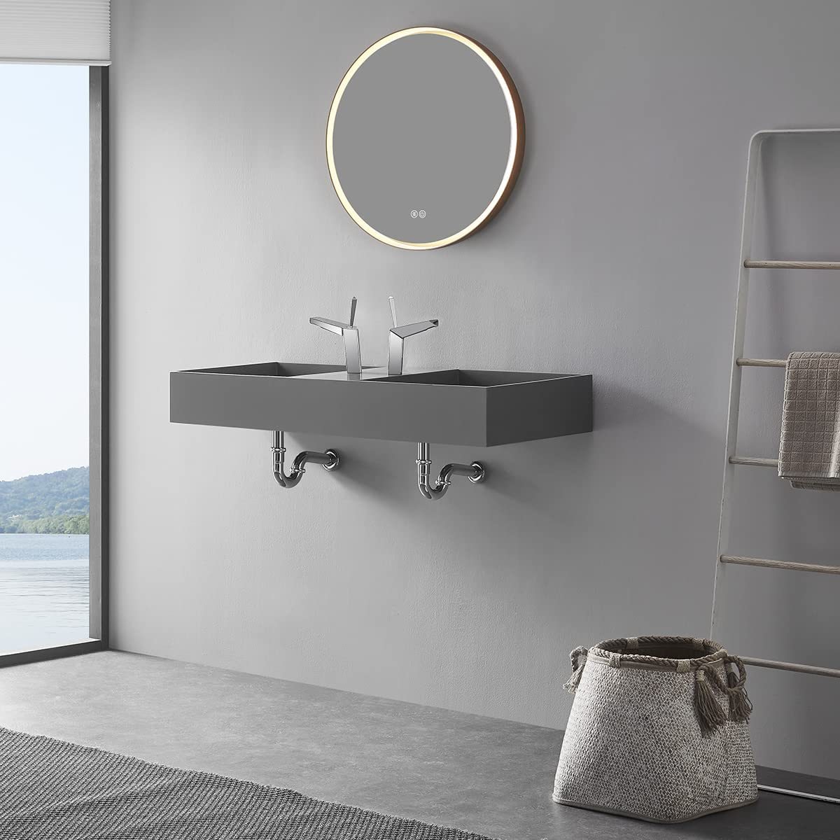 Serene Valley Floating or Countertop Bathroom Double Sink, Two Faucet Holes with Hidden Drain Design, 40" Solid Surface Material in Matte Gray, SVWS608-40GR-Serene Valley