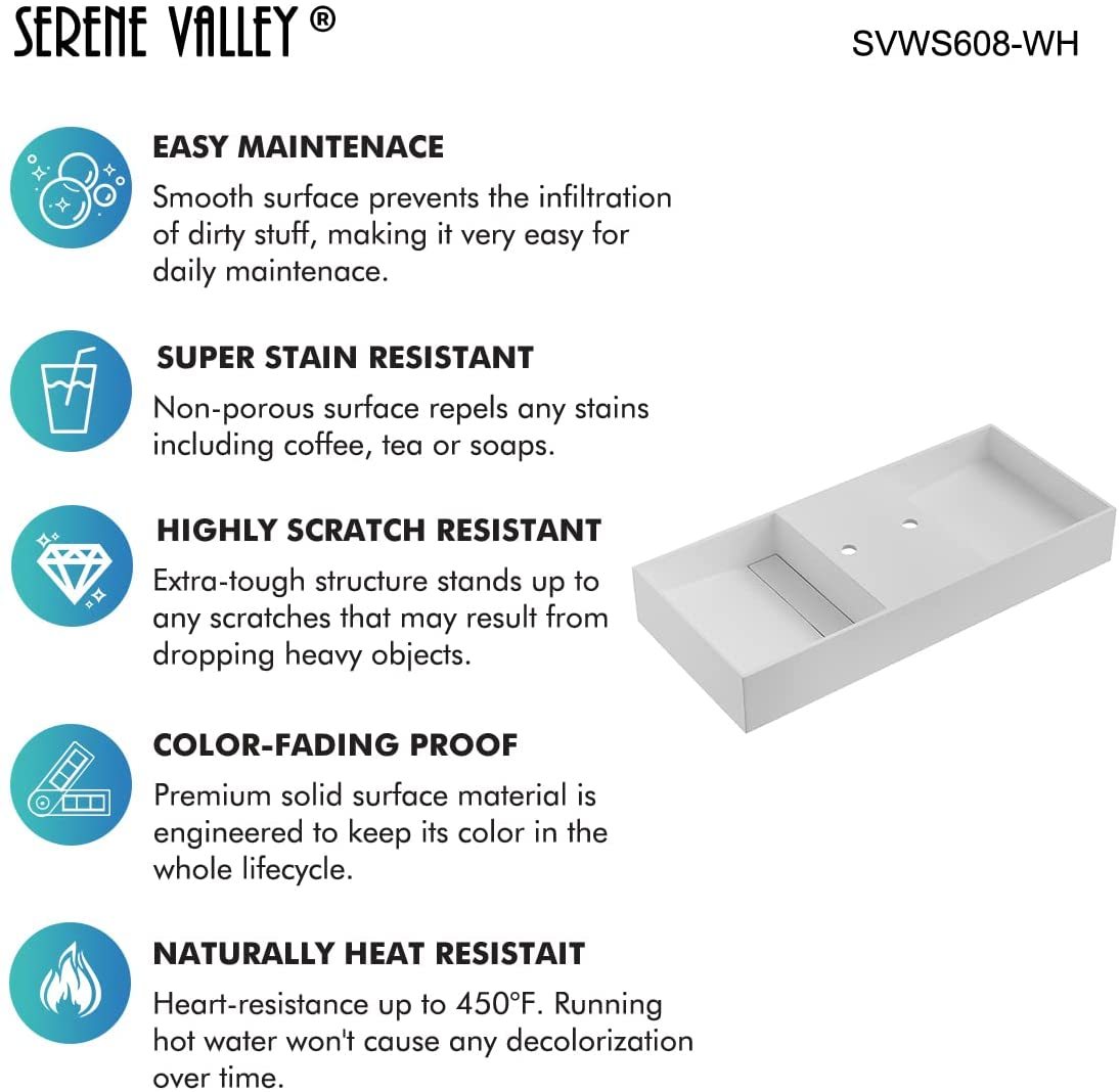 Serene Valley Floating or Countertop Bathroom Double Sink, Two Faucet Holes with Hidden Drain Design, 47" Solid Surface Material in Matte Gray, SVWS608-47GR-Serene Valley