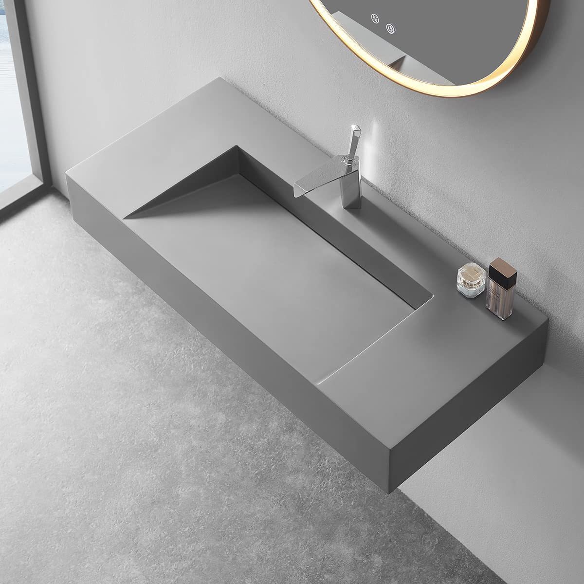Serene Valley Floating or Countertop Bathroom Sink, Special Wedge with Hidden Drain Design, 40" Solid Surface Material in Matte Gray, SVWS611-40GR-Serene Valley