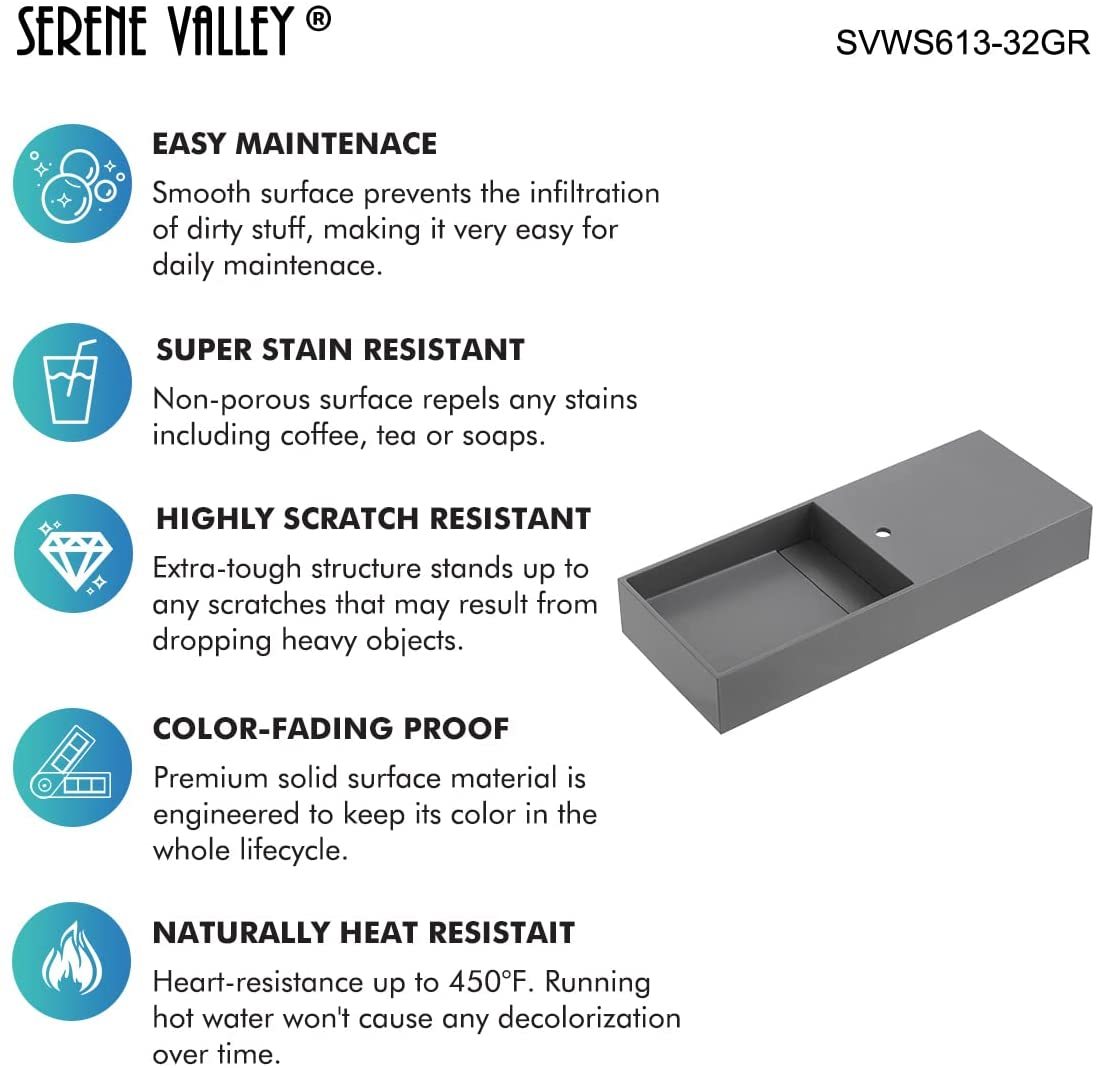 Serene Valley Floating or Countertop Bathroom Sink, Side Faucet with Square Sink and Hidden Drain, 32" Solid Surface Material in Matte Gray, SVWS613-32GR-Serene Valley