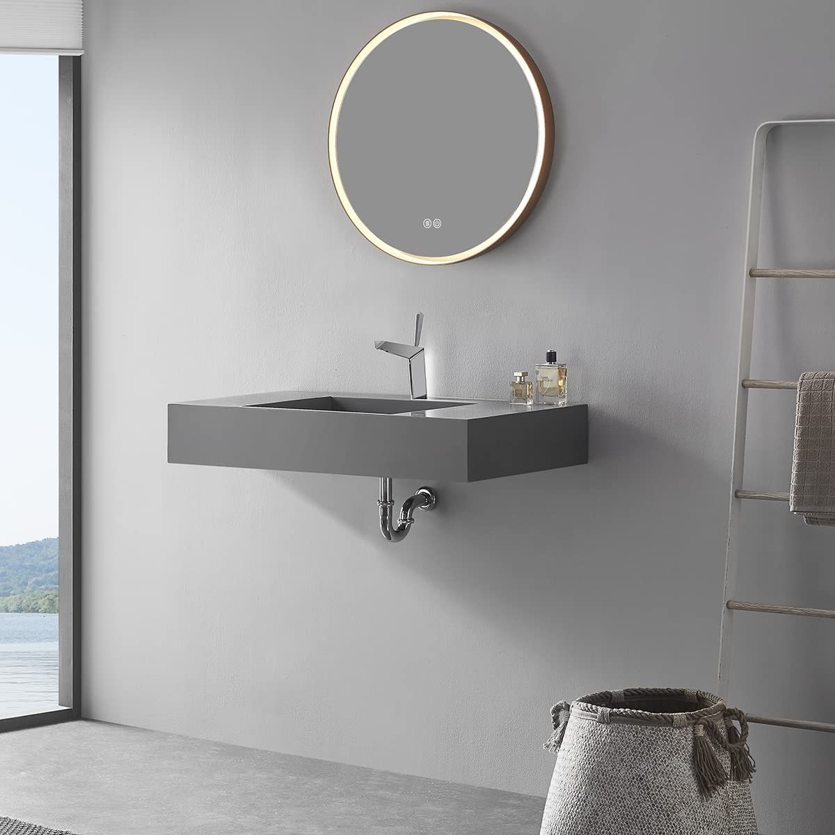 Serene Valley Floating or Countertop Bathroom Sink, Classic Square Sink with Hidden Drain Design, 32" Solid Surface Material in Matte GR, SVWS612-32GR-Serene Valley