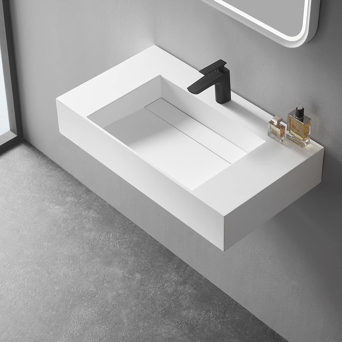 Serene Valley Floating or Countertop Bathroom Sink, Classic Square Sink with Hidden Drain Design, 32" Solid Surface Material in Matte White, SVWS612-32WH-Serene Valley
