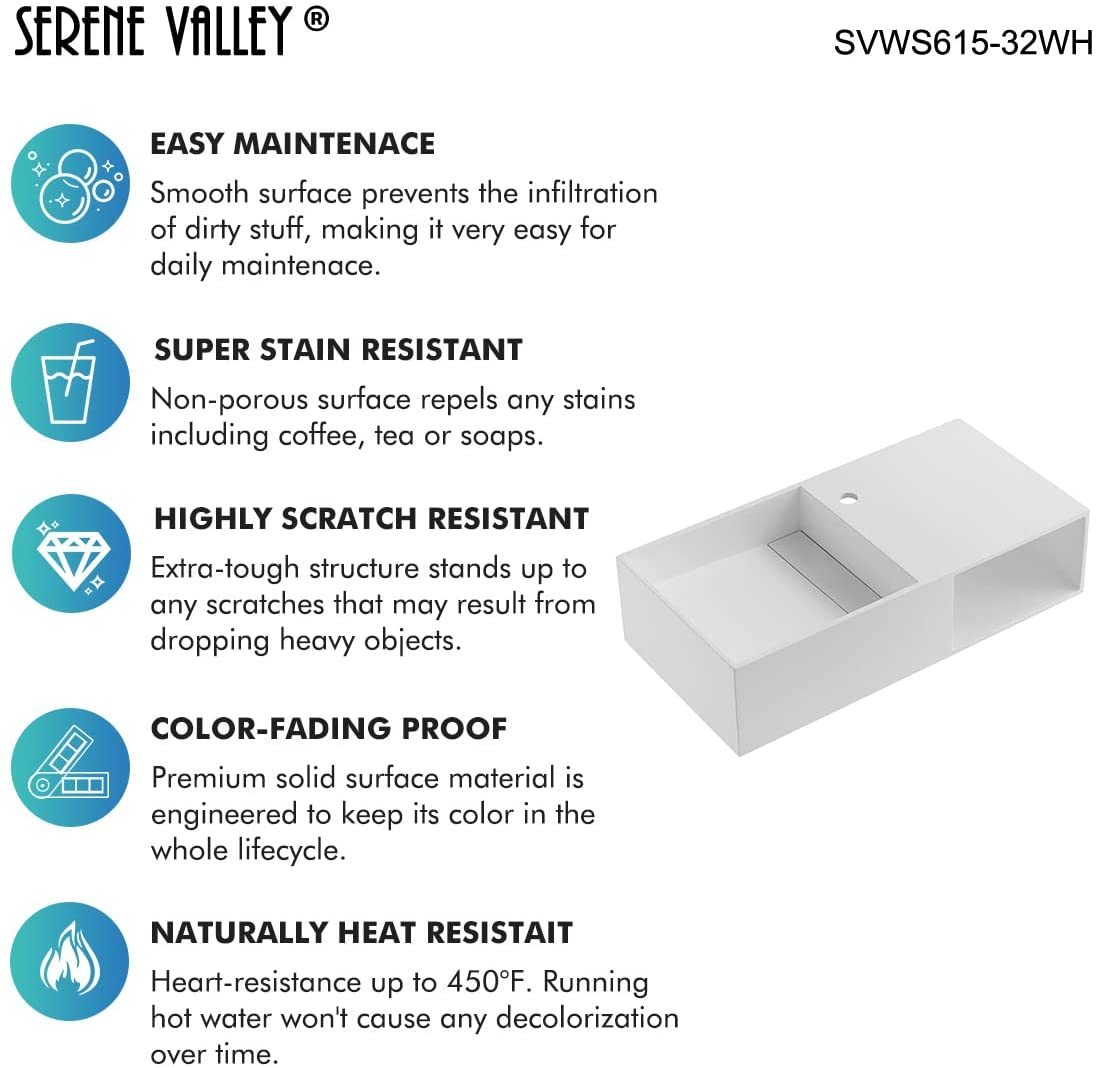 Serene Valley Bathroom Floating Vanity, 32" Wall-Mount Sink with Side Faucet and Storage Space, Solid Surface Material in Matte White, SVWS615-32WH-Serene Valley