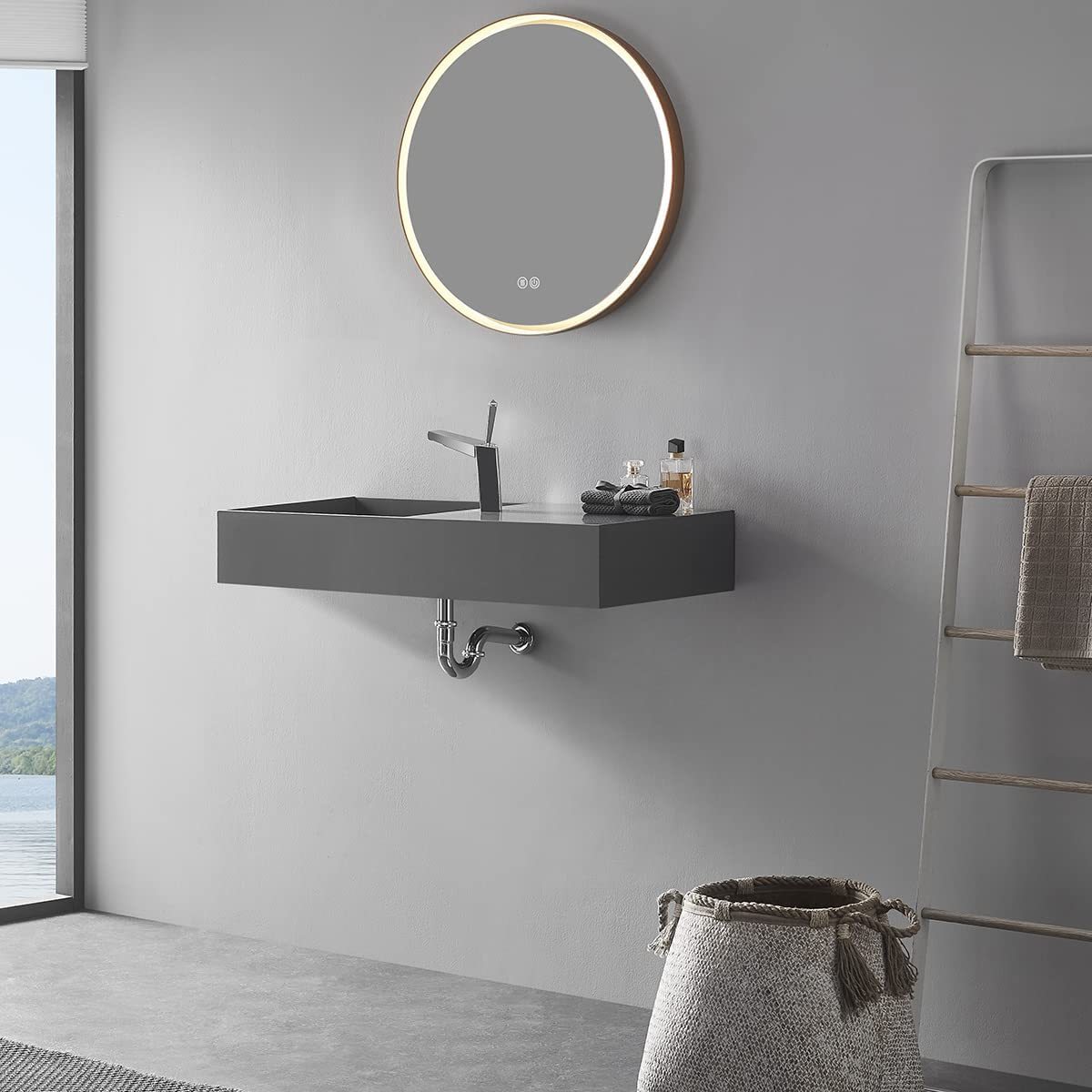 Serene Valley Floating or Countertop Bathroom Sink, Side Faucet with Square Sink and Hidden Drain, 32" Solid Surface Material in Matte Gray, SVWS613-32GR-Serene Valley