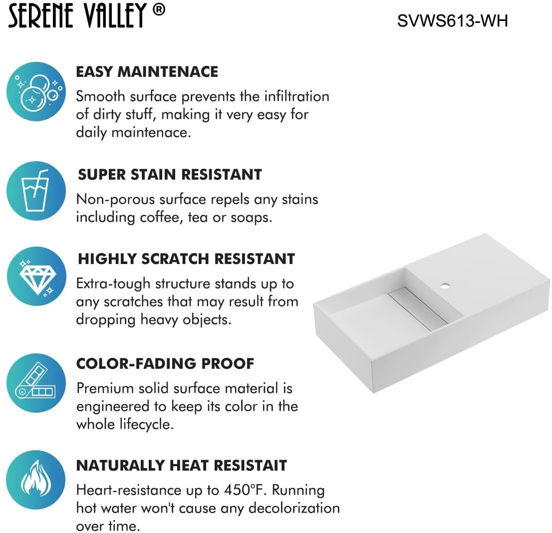 Serene Valley Floating or Countertop Bathroom Sink, Side Faucet with Square Sink and Hidden Drain, 40" Solid Surface Material in Matte White, SVWS613-40WH-Serene Valley