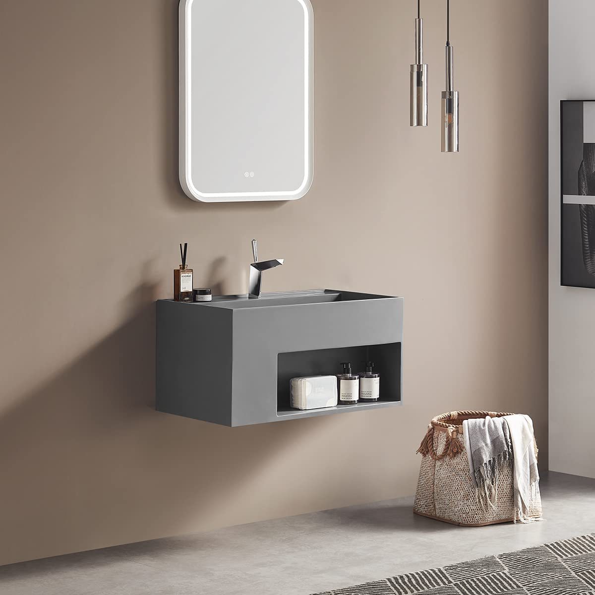 Serene Valley Bathroom Floating Vanity, 40" Wall-Mount Sink with Large Storage Space and Pop-Up Strainer, Solid Surface Material in Matte Gray, SVWS609-40GR-Serene Valley