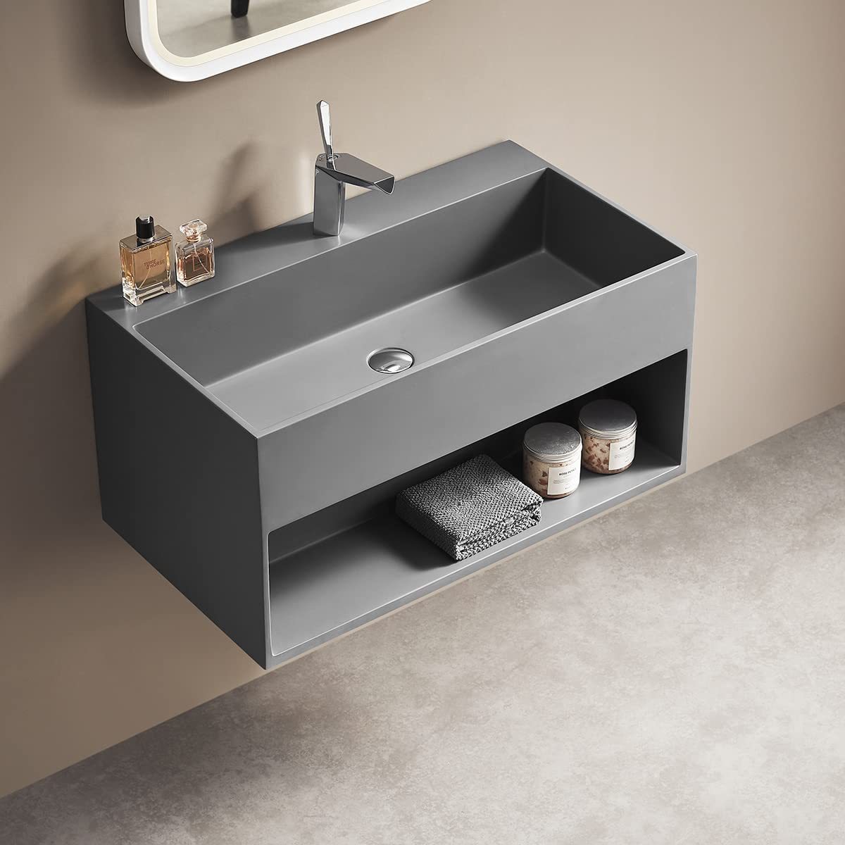 Serene Valley Bathroom Floating Vanity, 32" Wall-Mount Sink with Built-in Towel Space, Solid Surface Material in Matte Gray, SVWS607-32GR-Serene Valley