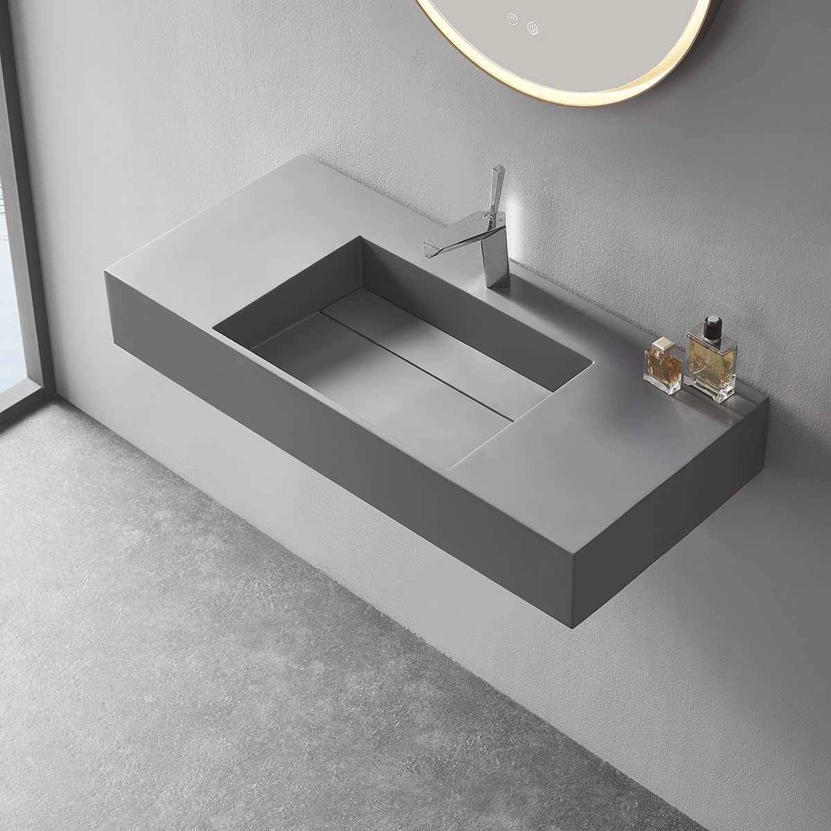 Serene Valley Floating or Countertop Bathroom Sink, Classic Square Sink with Hidden Drain Design, 32" Solid Surface Material in Matte GR, SVWS612-32GR-Serene Valley