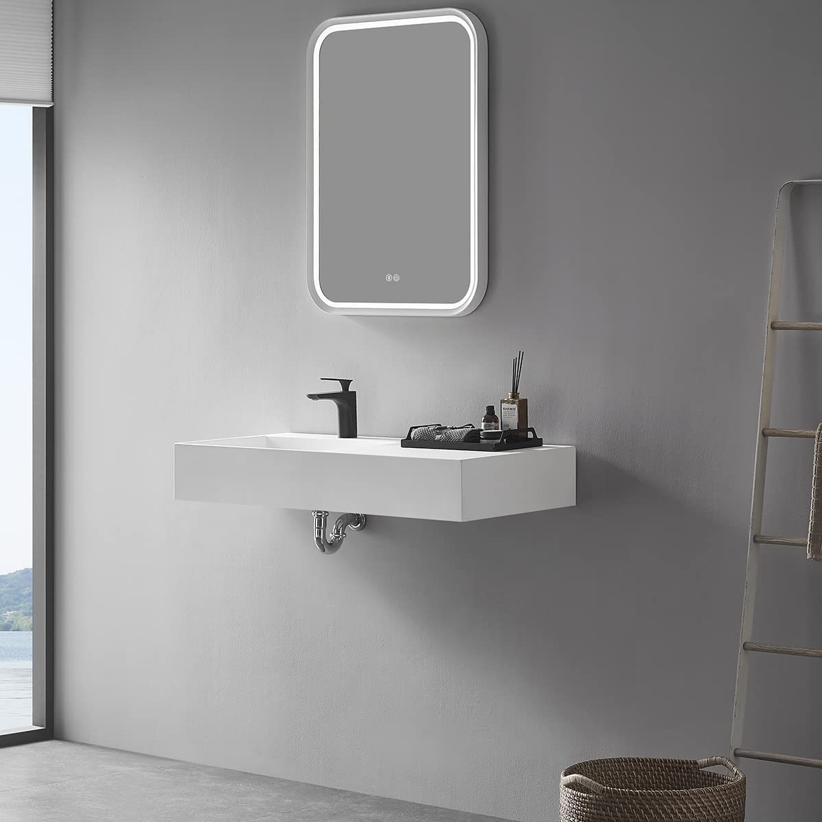 Serene Valley Floating or Countertop Bathroom Sink, Large Square Sink with Hidden Drain, 40" Solid Surface Material in Matte White, SVWS614-40WH-Serene Valley