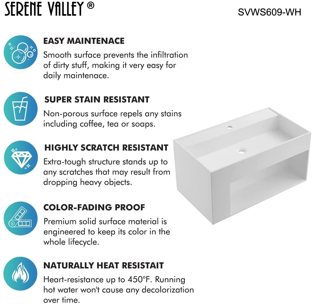 Serene Valley Bathroom Floating Vanity, 40" Wall-Mount Sink with Large Storage Space and Pop-Up Strainer, Solid Surface Material in Matte White, SVWS609-40WH-Serene Valley