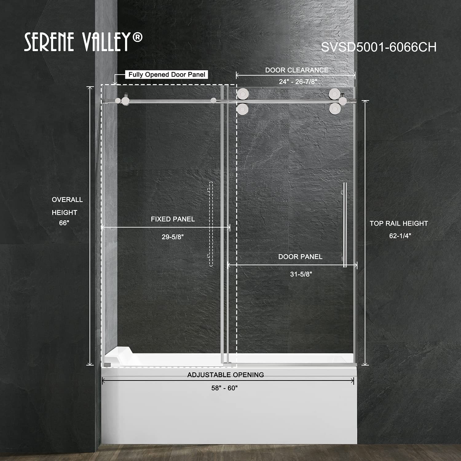 Serene Valley SVSD5001-6066CH Big Roller Frameless Sliding Shower Door - Superclear 3/8" Tempered Glass - 304 Stainless Steel Hardware in Chrome 56"- 60"W x 66"H-Serene Valley
