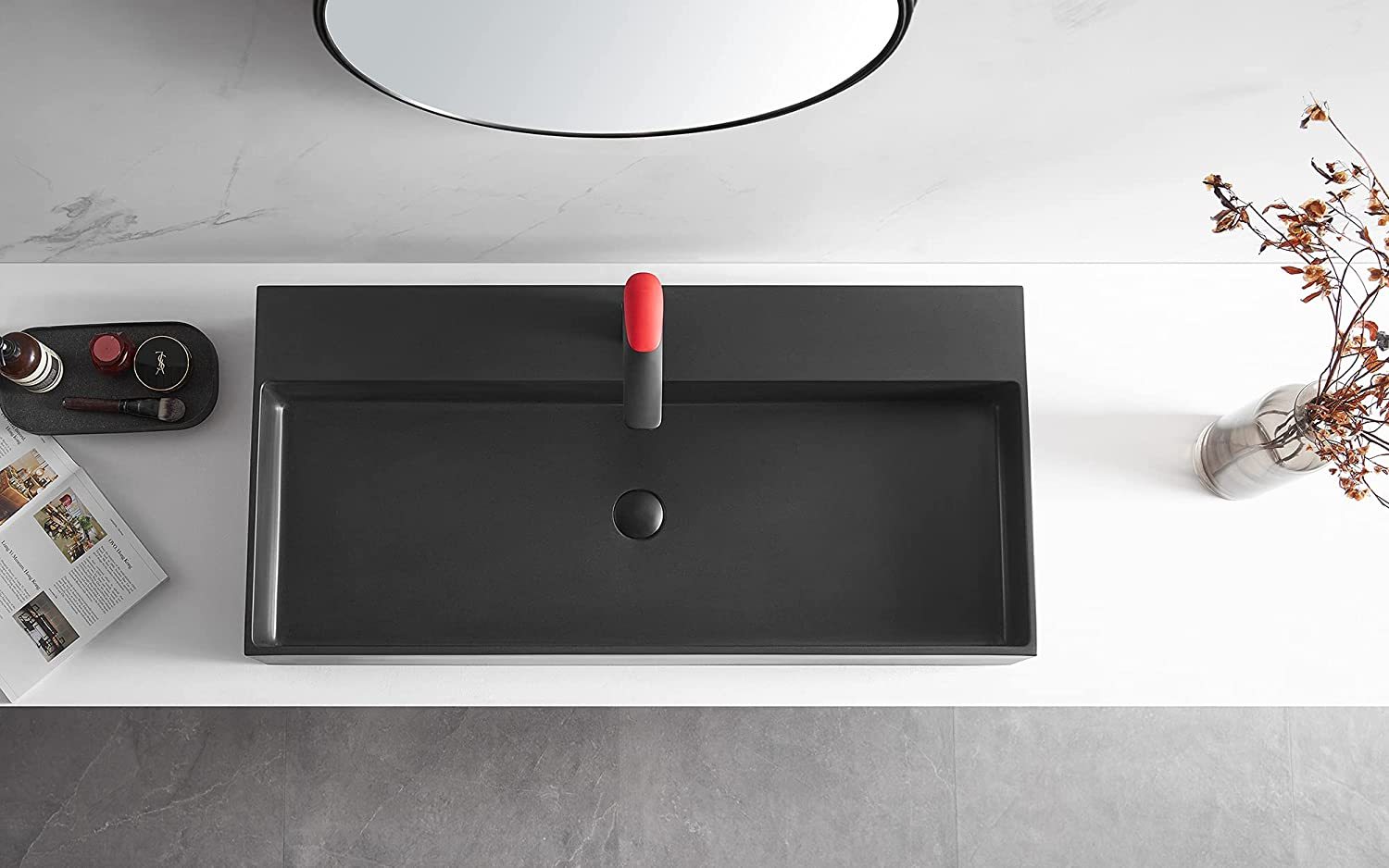 Serene Valley Bathroom Sink, Wall-Mount Install or On Countertop, 47" with Single Faucet Hole, Premium Granite Material in Matte Black-Serene Valley