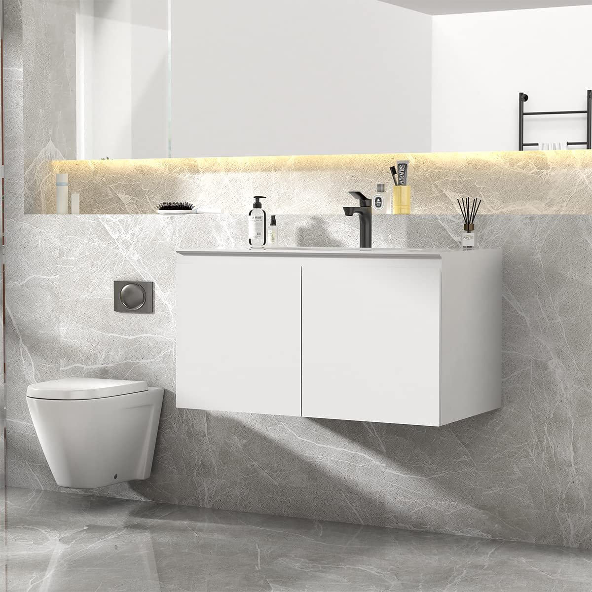 Serene Valley Bathroom Floating Vanity with Hinged Cabinet, Square Sink Bowl with Matching Pop-Up Strainer, 32" Solid Surface Material in Matte White, SVWS617-32WH-Serene Valley