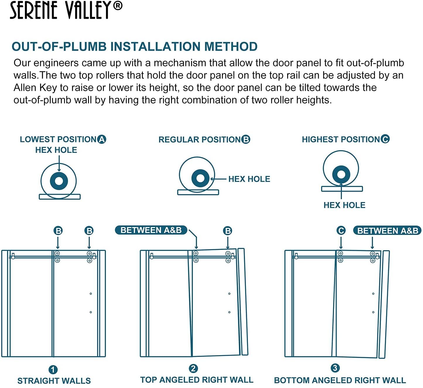Serene Valley SVSD5001-6874CH Big Roller Frameless Sliding Shower Door - Superclear 3/8" Tempered Glass - 304 Stainless Steel Hardware in Chrome 64"- 68"W x 74"H-Serene Valley