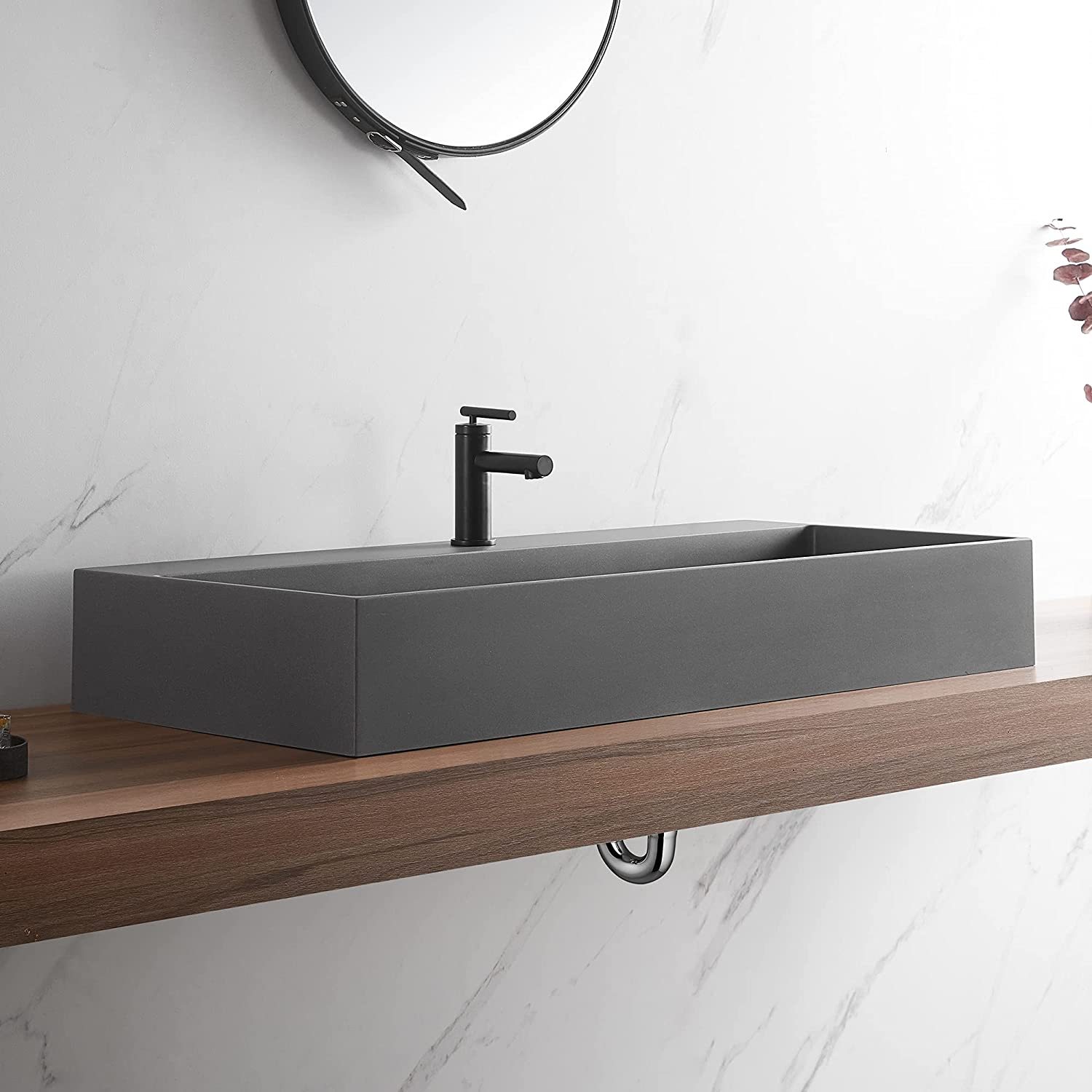 Serene Valley Bathroom Sink, Wall-Mount Install or On Countertop, 47" with Single Faucet Hole, Premium Granite Material in Matte Gray-Serene Valley