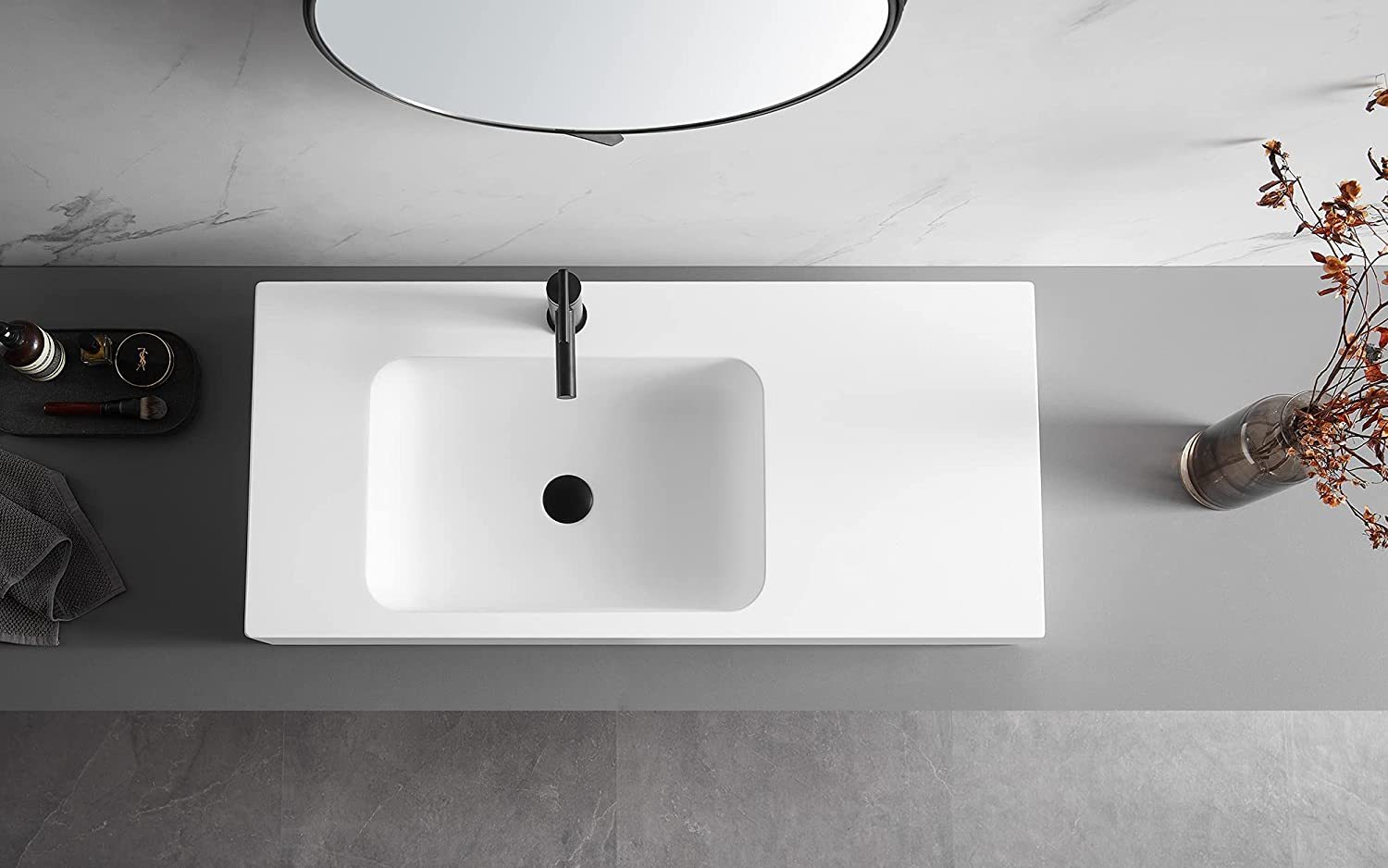 Serene Valley Bathroom Sink, Wall-Mount or On Countertop, 47" with Square Sink and Flat Space, Single Faucet Hole, Solid Surface Material in Matte White-Serene Valley