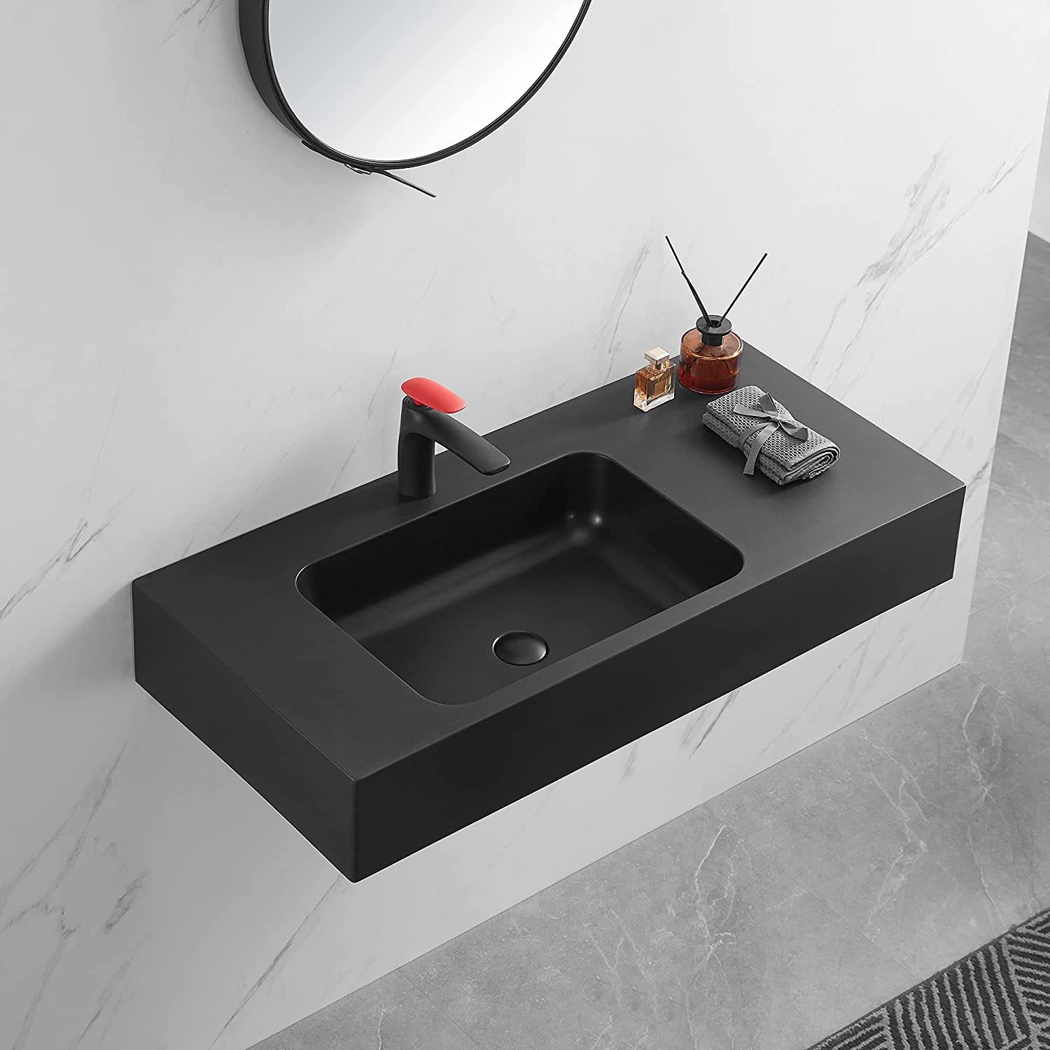 Serene Valley Bathroom Sink, Wall-Mount or On Countertop, 47" with Square Sink and Flat Space, Single Faucet Hole, Premium Granite Material in Matte Black-Serene Valley