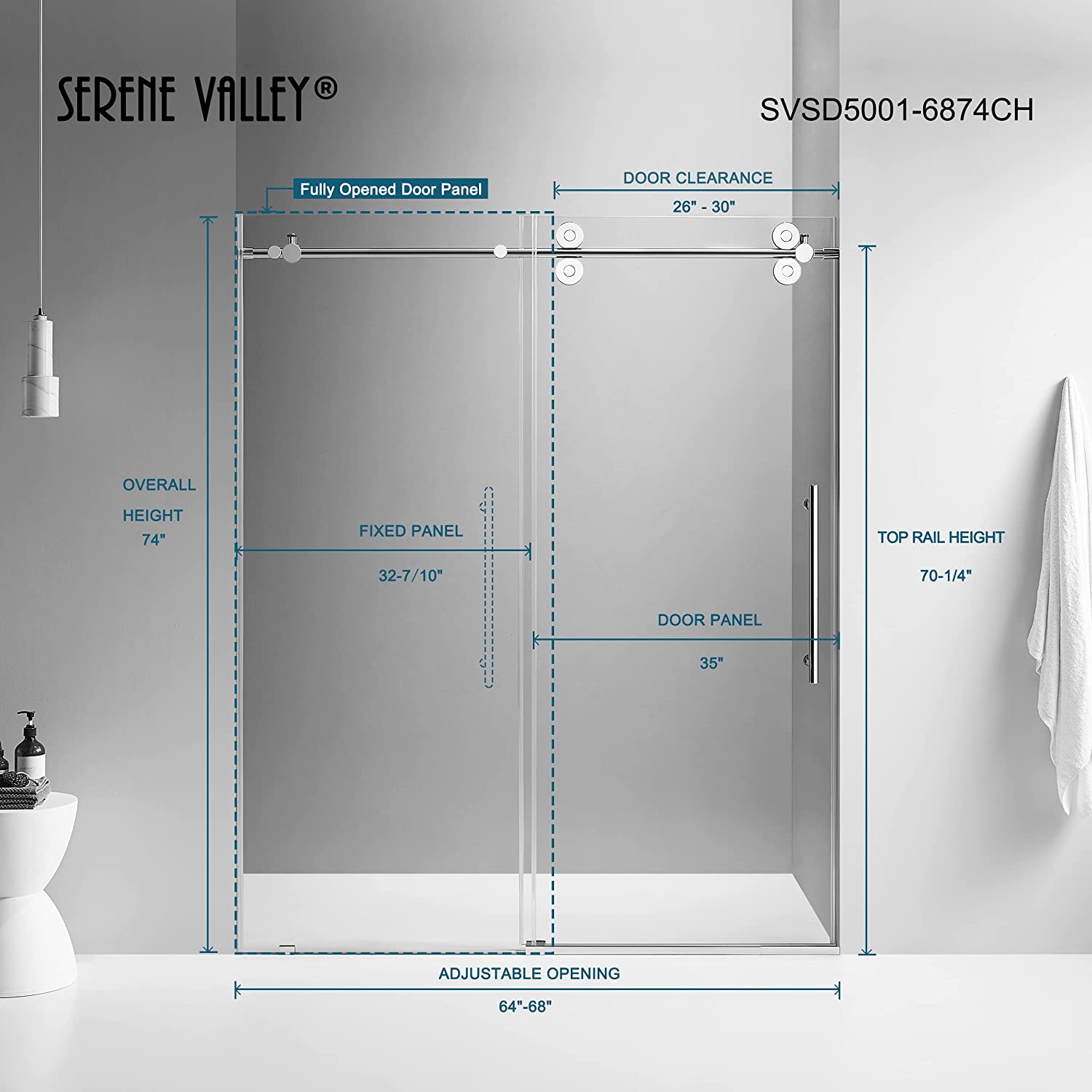 Serene Valley SVSD5001-6874CH Big Roller Frameless Sliding Shower Door - Superclear 3/8" Tempered Glass - 304 Stainless Steel Hardware in Chrome 64"- 68"W x 74"H-Serene Valley