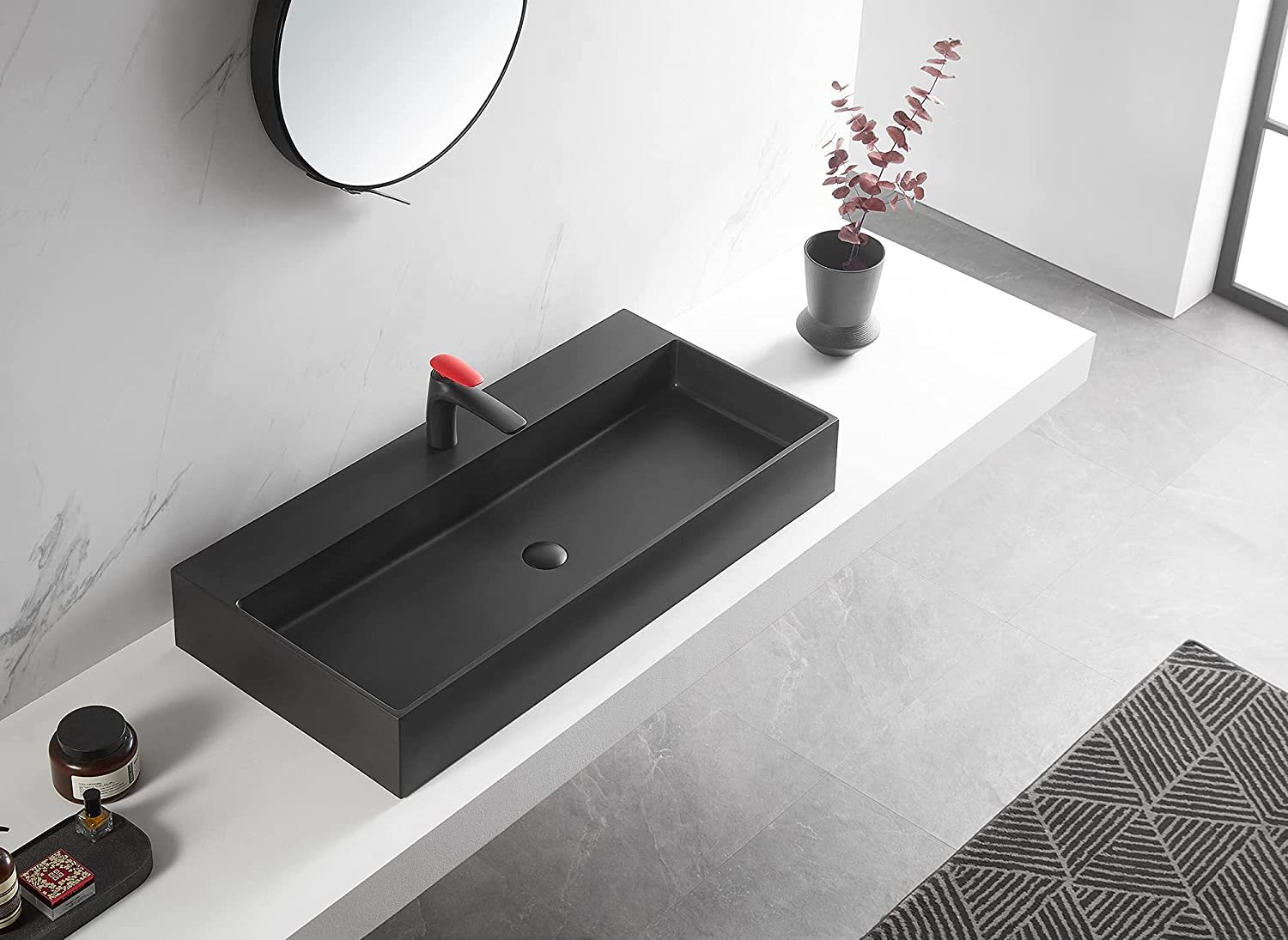 Serene Valley Bathroom Sink, Wall-Mount Install or On Countertop, 47" with Single Faucet Hole, Premium Granite Material in Matte Black-Serene Valley