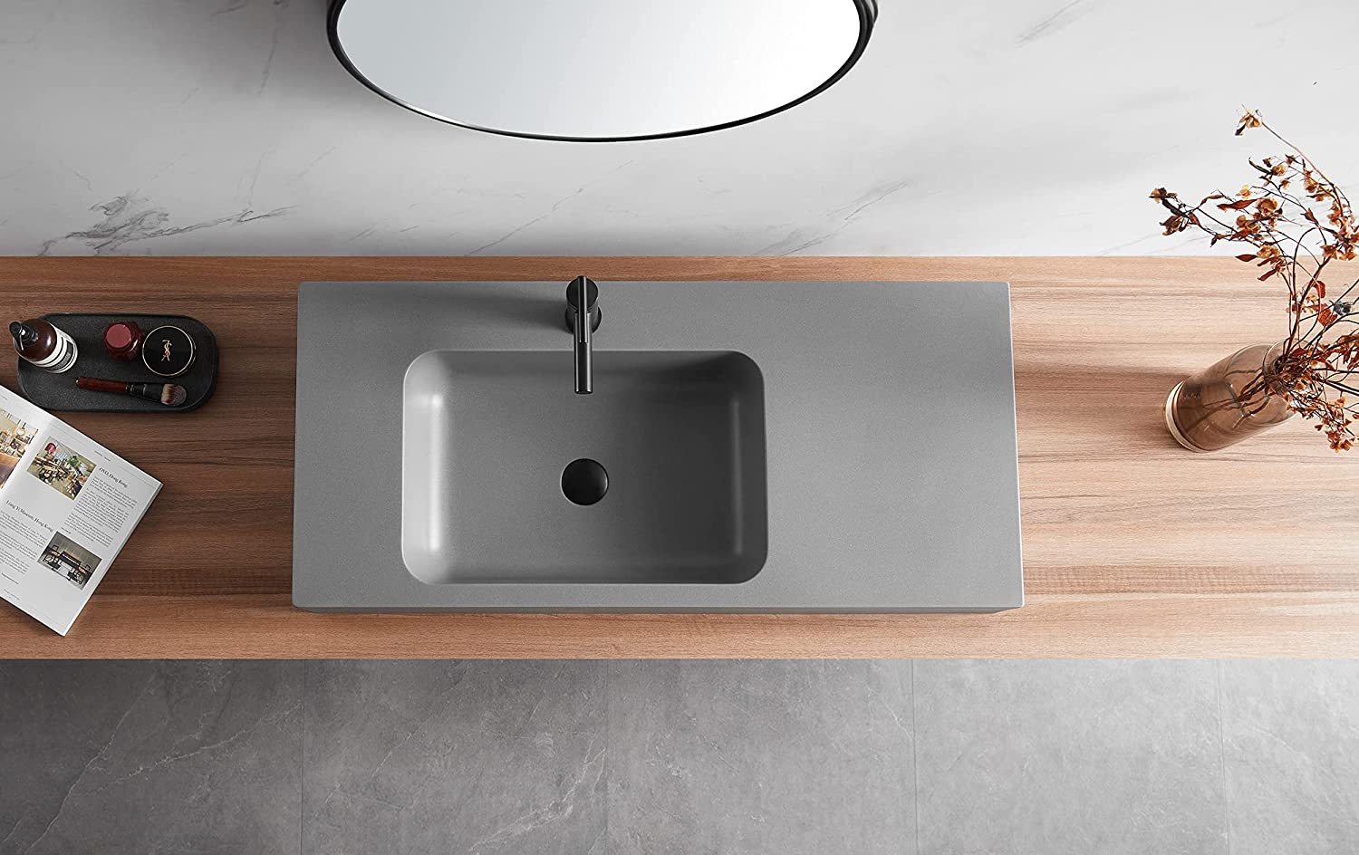 Serene Valley Bathroom Sink, Wall-Mount or On Countertop, 47" with Square Sink and Flat Space, Single Faucet Hole, Premium Granite Material in Gray-Serene Valley