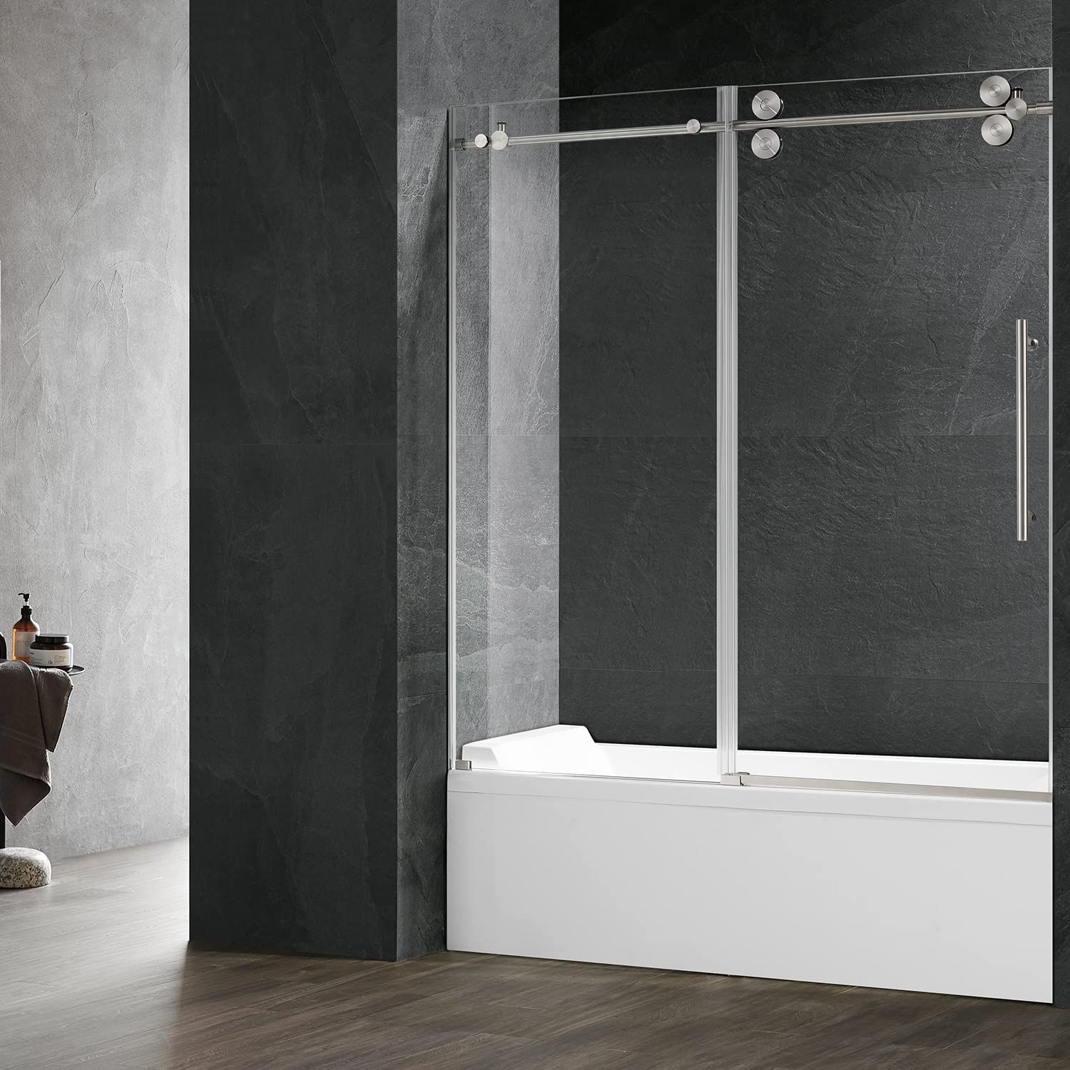 Serene Valley SVSD5001-6066BN Big Roller Frameless Sliding Shower Door - Superclear 3/8" Tempered Glass - 304 Stainless Steel Hardware in Brushed Nickel 56"- 60"W x 66"H-Serene Valley