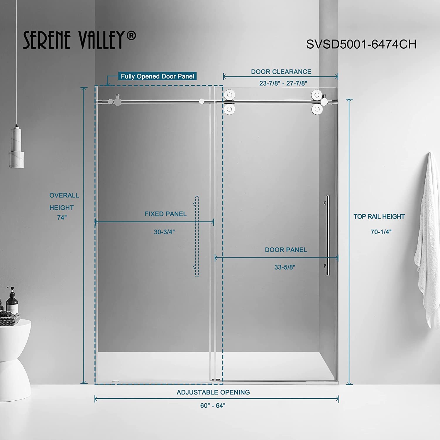 Serene Valley SVSD5001-6474CH Big Roller Frameless Sliding Shower Door - Superclear 3/8" Tempered Glass - 304 Stainless Steel Hardware in Chrome 60"- 64"W x 74"H-Serene Valley
