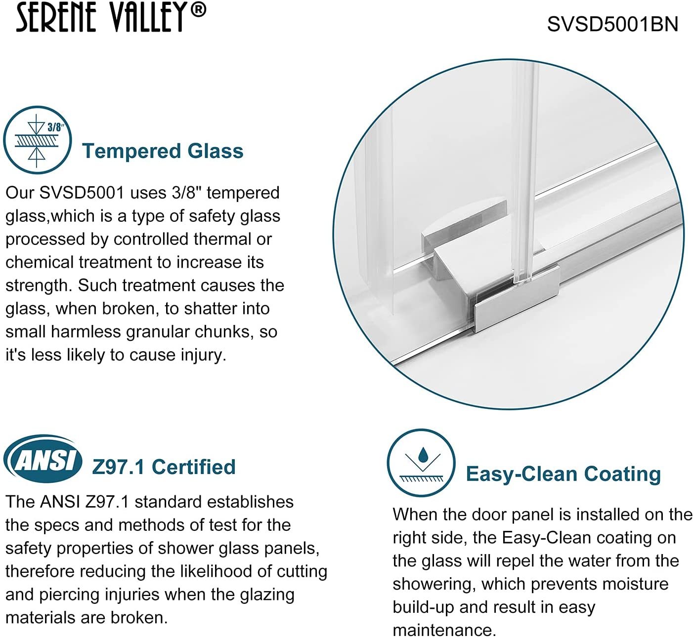 Serene Valley SVSD5001-4874BN Big Roller Frameless Sliding Shower Door - Superclear 3/8" Tempered Glass - 304 Stainless Steel Hardware in Brushed Nickel 44"- 48"W x 74"H-Serene Valley