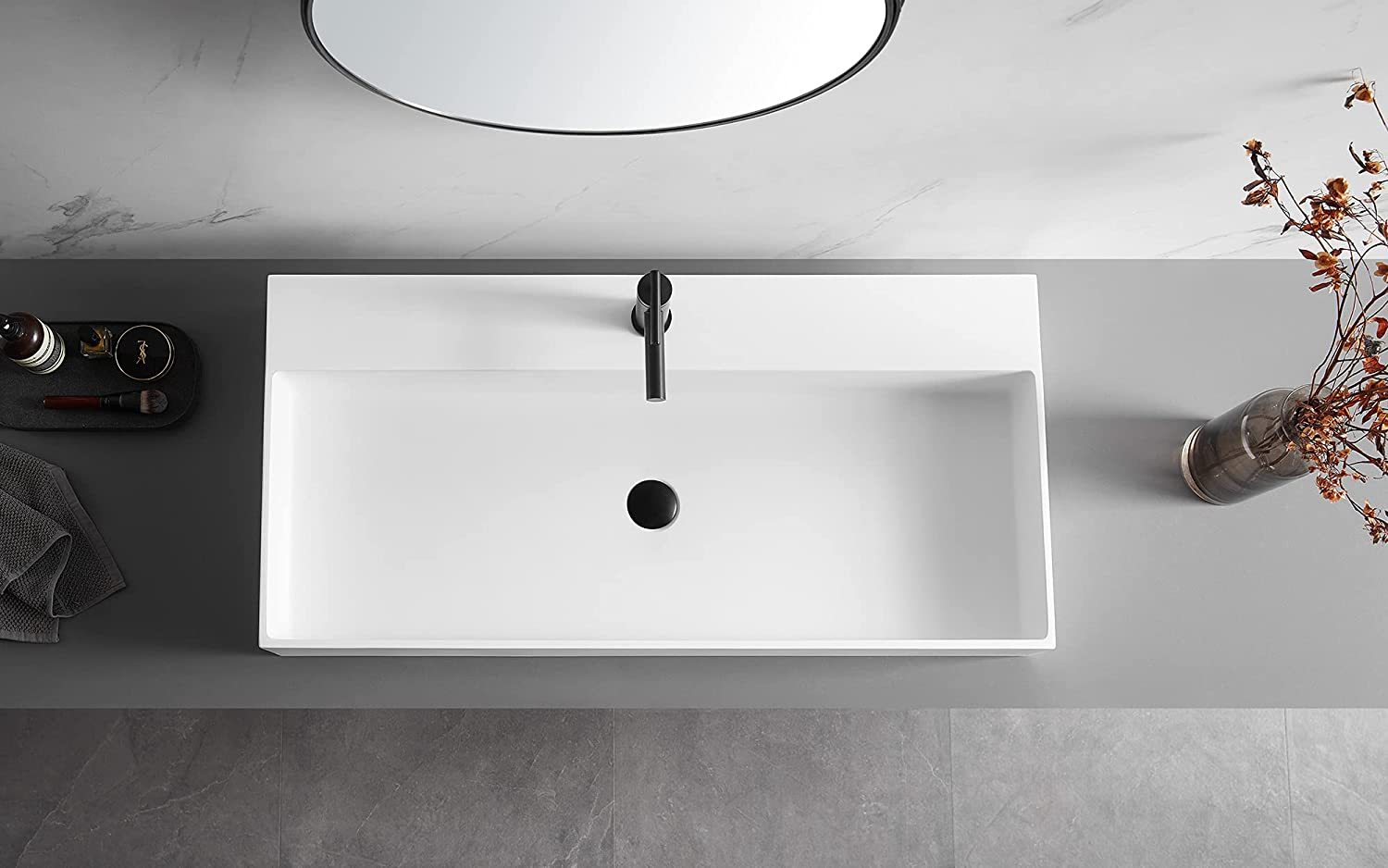 Serene Valley Bathroom Sink, Wall-Mount Install or On Countertop, 47" with Single Faucet Hole, Solid Surface Material for Max Elegance-Serene Valley
