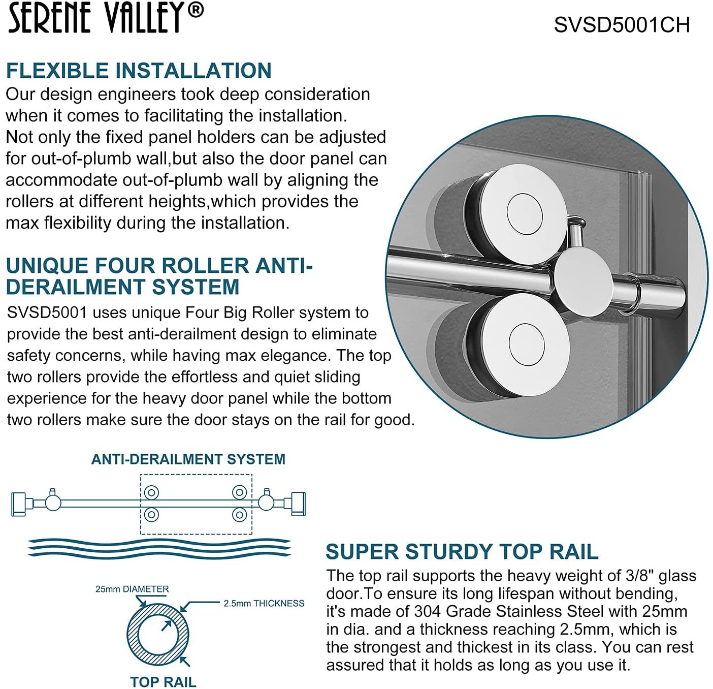 Serene Valley SVSD5001-6066CH Big Roller Frameless Sliding Shower Door - Superclear 3/8" Tempered Glass - 304 Stainless Steel Hardware in Chrome 56"- 60"W x 66"H-Serene Valley