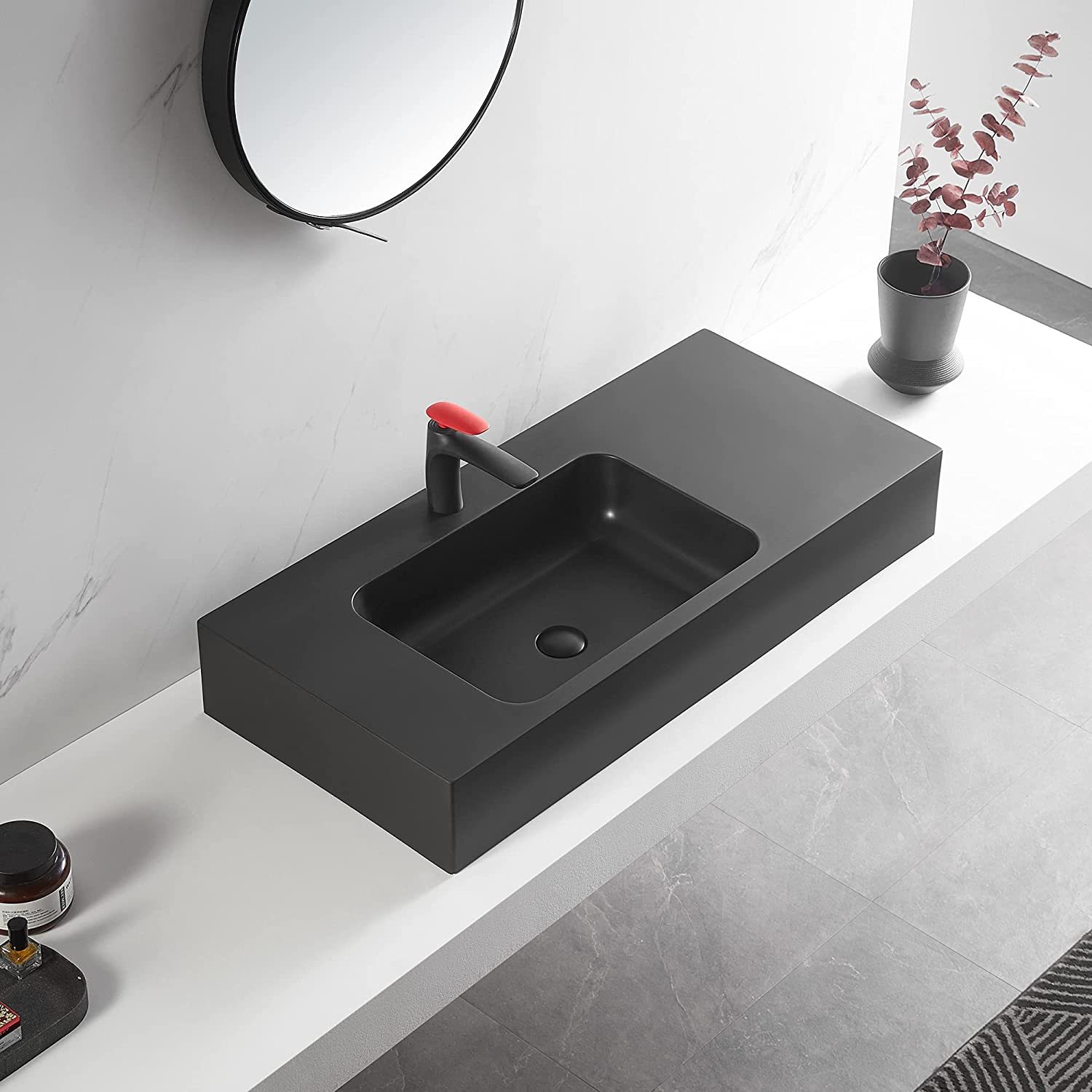 Serene Valley Bathroom Sink, Wall-Mount or On Countertop, 47" with Square Sink and Flat Space, Single Faucet Hole, Premium Granite Material in Matte Black-Serene Valley