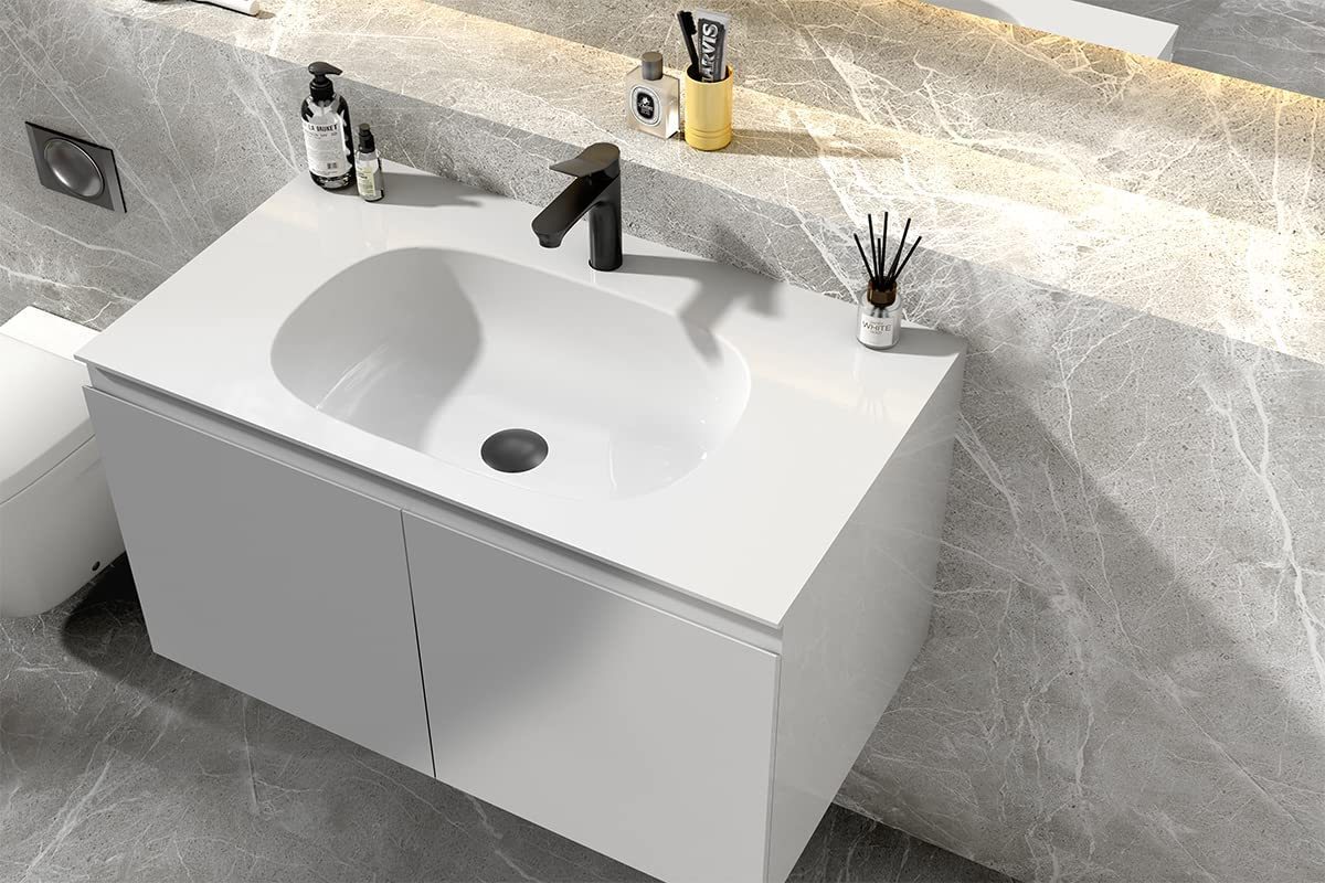 Serene Valley Bathroom Floating Vanity with Hinged Cabinet, Square Sink Bowl with Matching Pop-Up Strainer, 32" Solid Surface Material in Matte White, SVWS617-32WH-Serene Valley