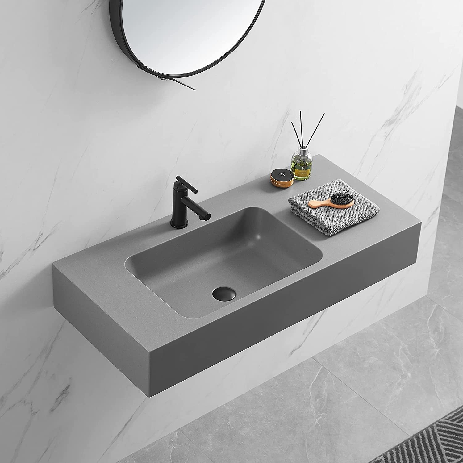 Serene Valley Bathroom Sink, Wall-Mount or On Countertop, 47" with Square Sink and Flat Space, Single Faucet Hole, Premium Granite Material in Gray-Serene Valley