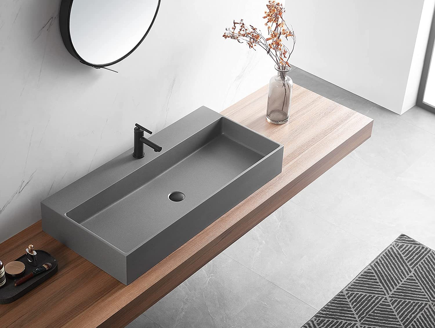 Serene Valley Bathroom Sink, Wall-Mount Install or On Countertop, 47" with Single Faucet Hole, Premium Granite Material in Matte Gray-Serene Valley