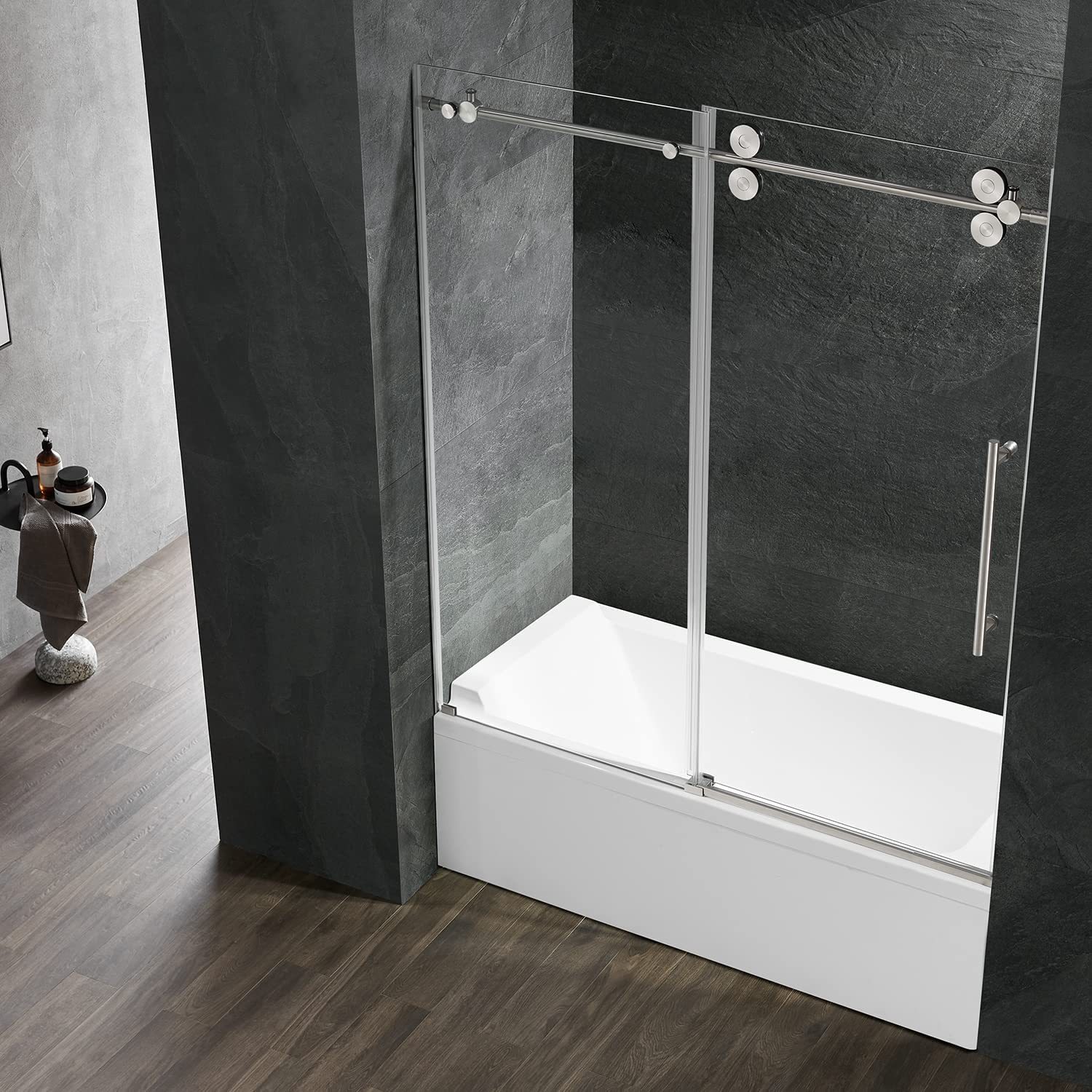 Serene Valley SVSD5001-6066BN Big Roller Frameless Sliding Shower Door - Superclear 3/8" Tempered Glass - 304 Stainless Steel Hardware in Brushed Nickel 56"- 60"W x 66"H-Serene Valley