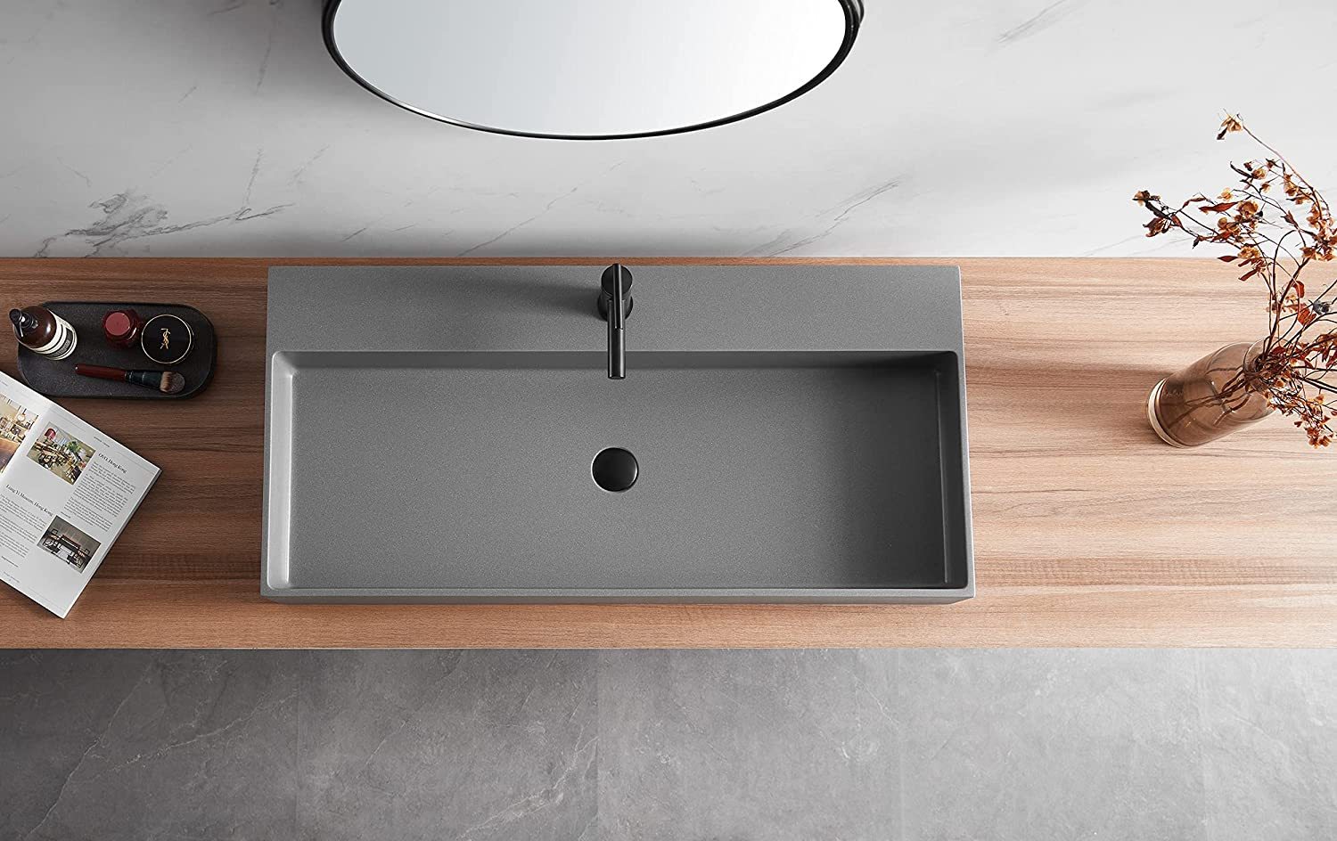 Serene Valley Bathroom Sink, Wall-Mount Install or On Countertop, 47" with Single Faucet Hole, Premium Granite Material in Matte Gray-Serene Valley