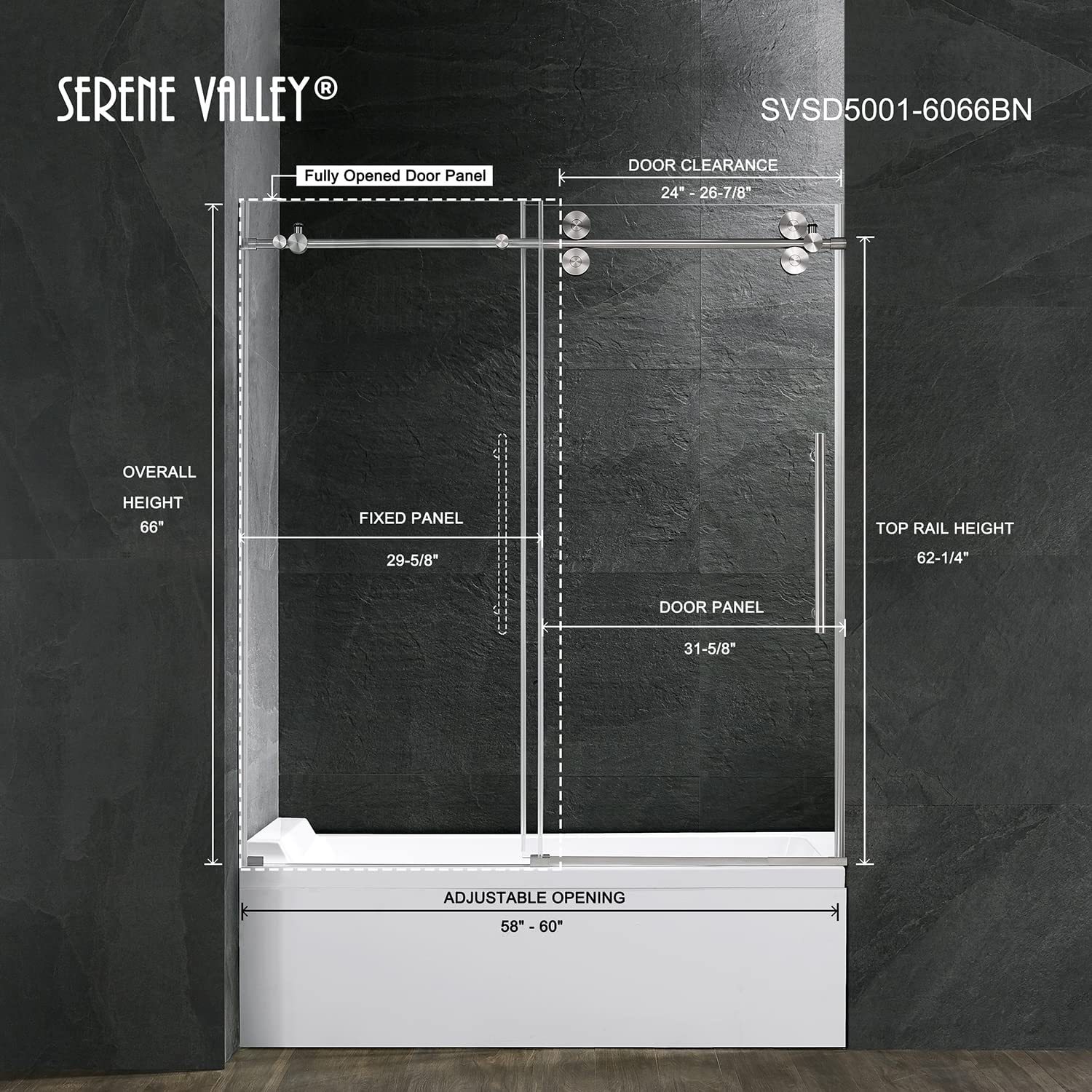 Serene Valley SVSD5001-6066BN Big Roller Frameless Sliding Shower Door - Superclear 3/8" Tempered Glass - 304 Stainless Steel Hardware in Brushed Nickel 56"- 60"W x 66"H-Serene Valley