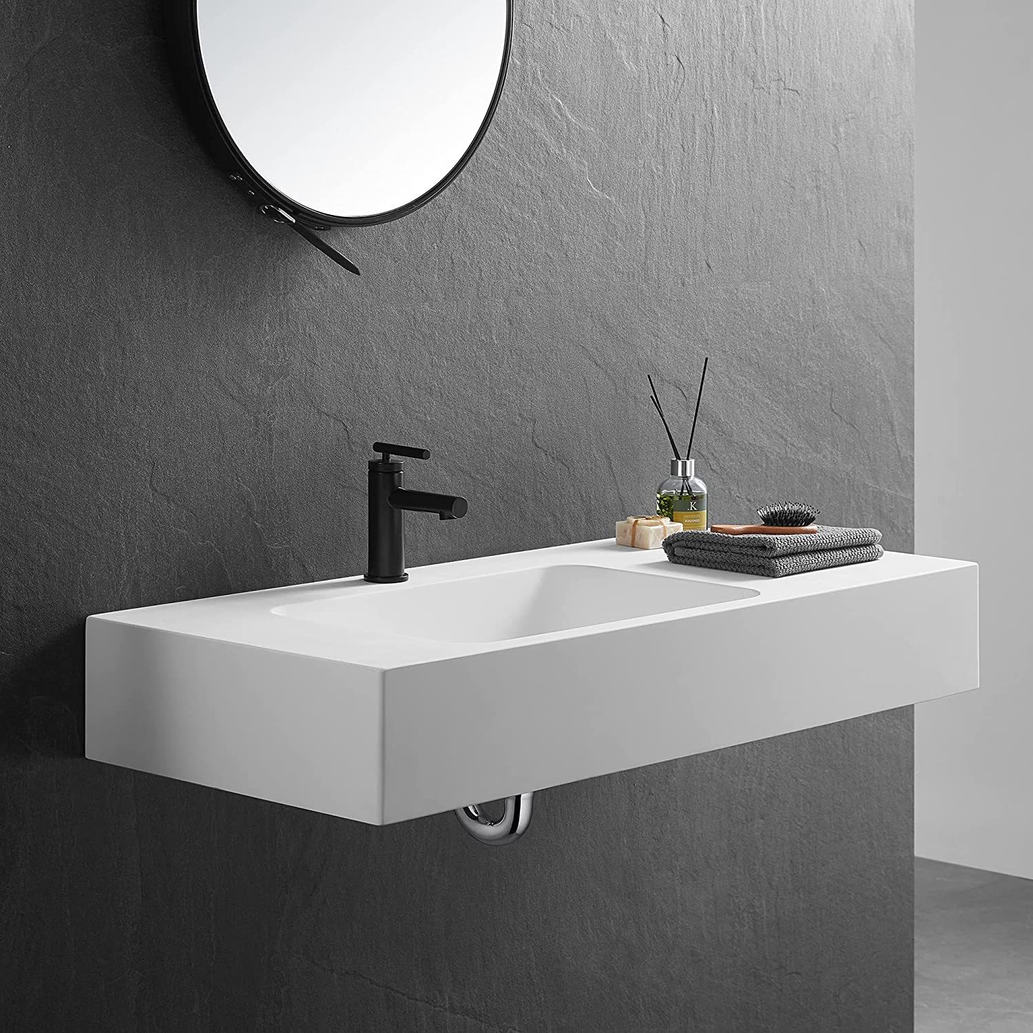 Serene Valley Bathroom Sink, Wall-Mount or On Countertop, 47" with Square Sink and Flat Space, Single Faucet Hole, Solid Surface Material in Matte White-Serene Valley