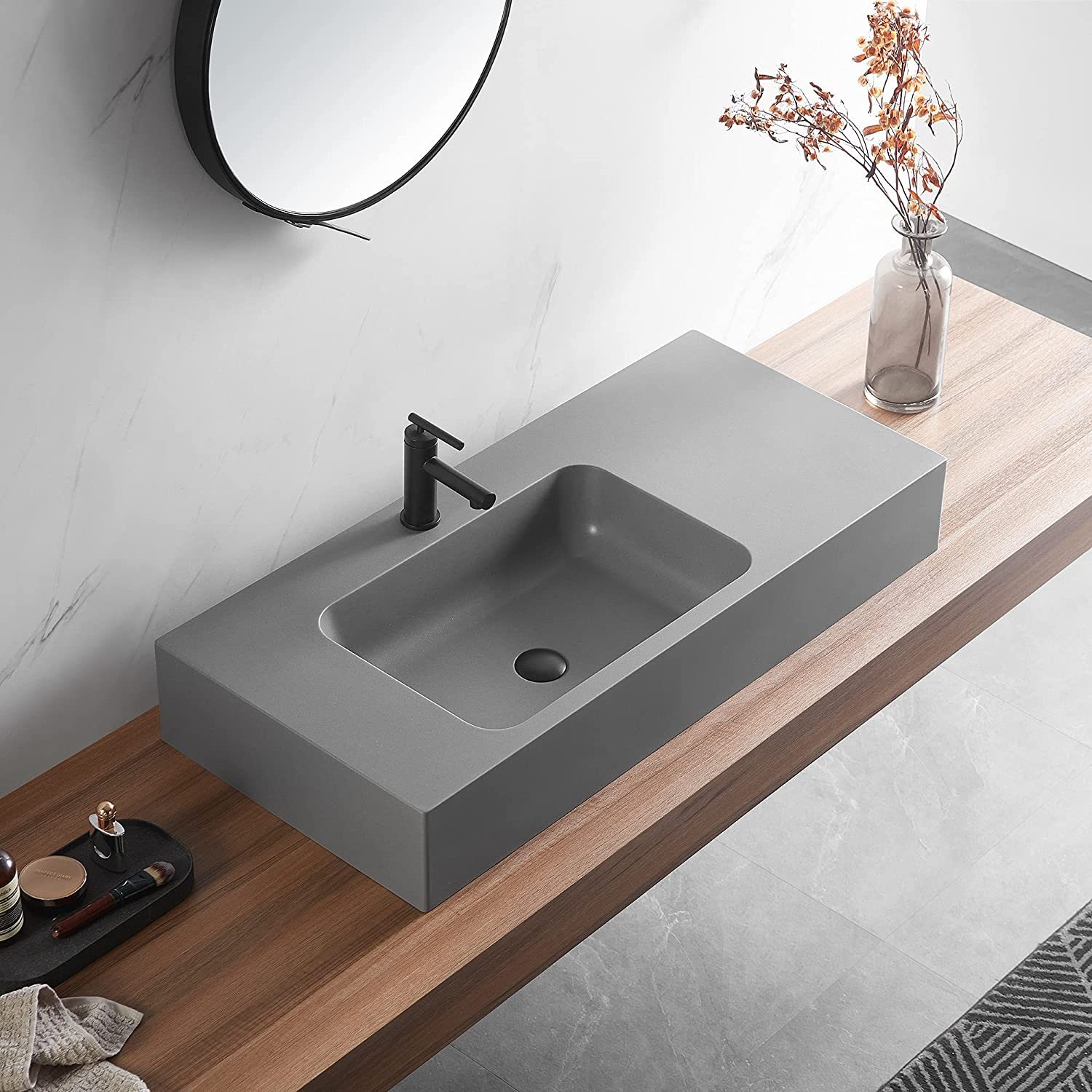 Serene Valley Bathroom Sink, Wall-Mount or On Countertop, 47" with Square Sink and Flat Space, Single Faucet Hole, Premium Granite Material in Gray-Serene Valley