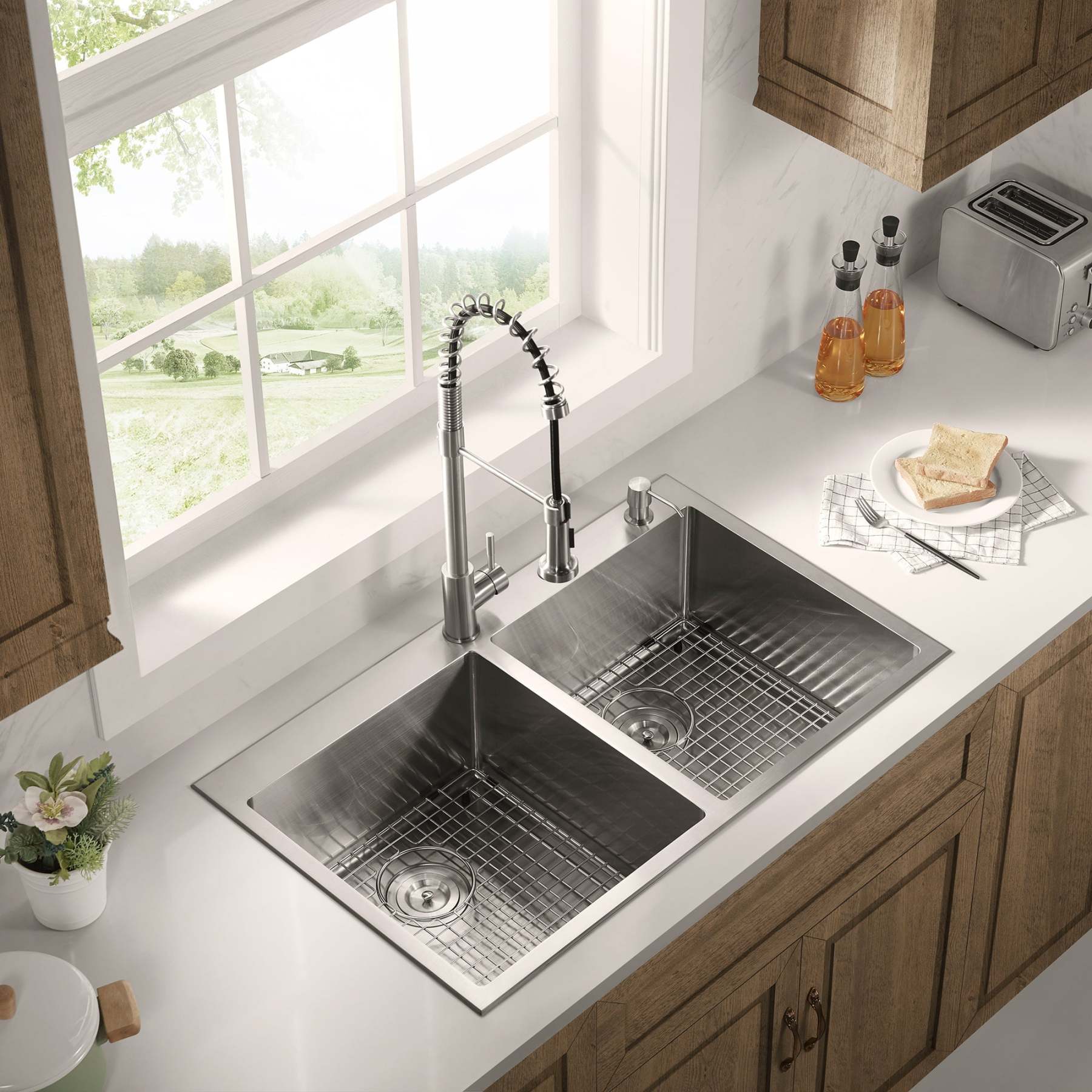 Stainless Steel 33-in. 50/50 Double Bowl Drop-in or Undermount Kitchen Sink with Thick Deck and Grids, DD3322R-Serene Valley