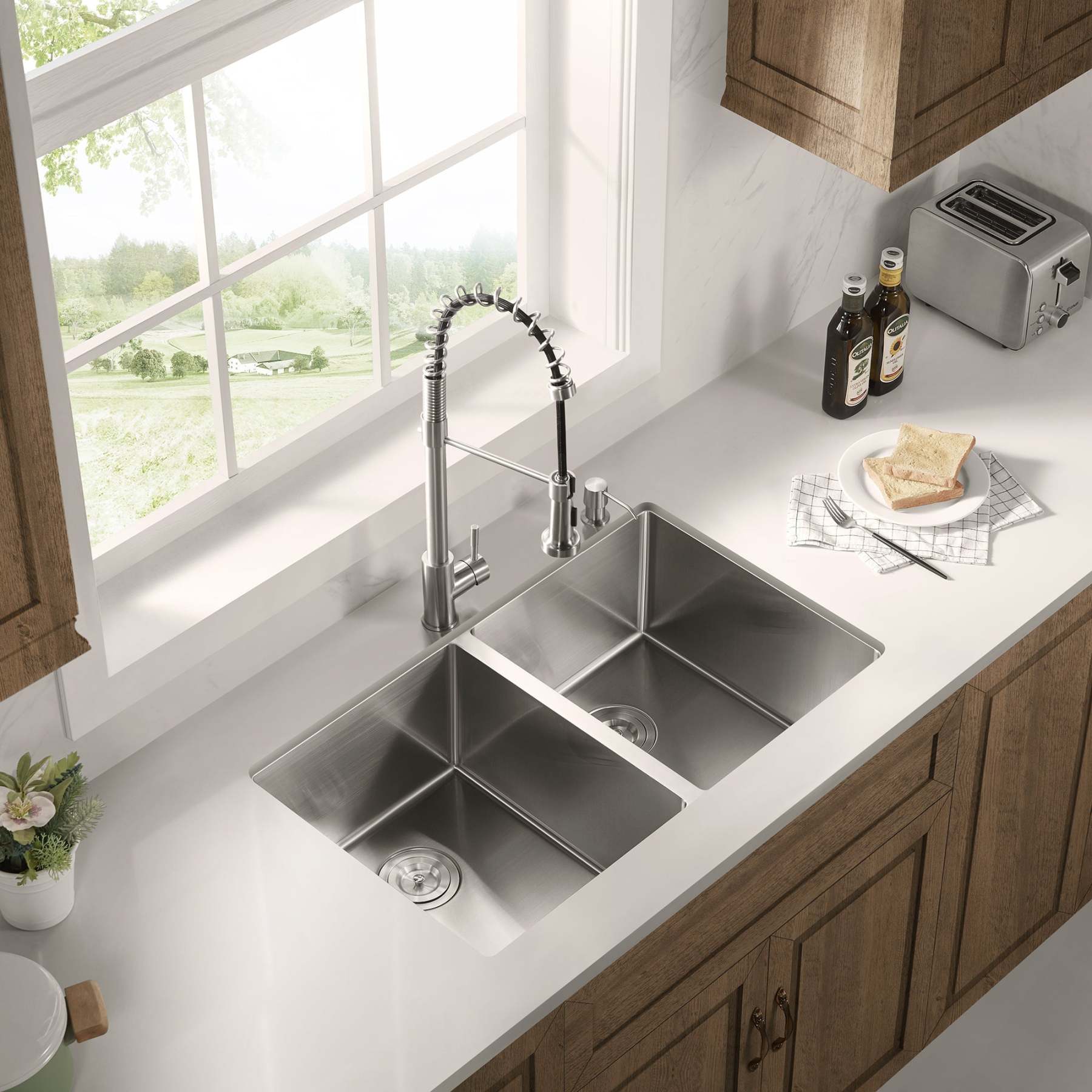 Stainless Steel 33-in. 50/50 Double Bowl Drop-in or Undermount Kitchen Sink with Thick Deck and Grids, DD3322R-Serene Valley