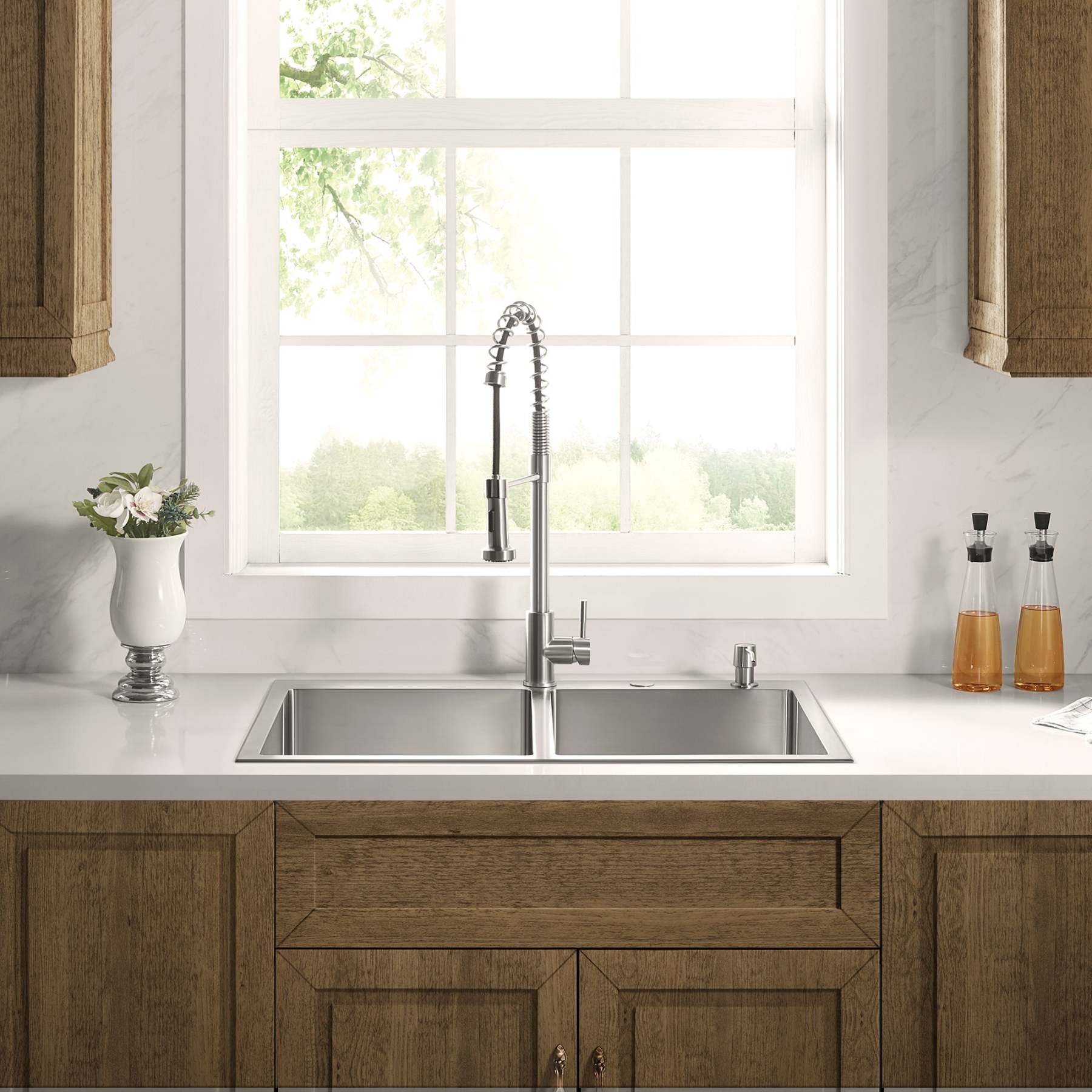Stainless Steel 33-in. 50/50 Double Bowl Drop-in or Undermount Kitchen Sink with Thick Deck and Grids, DD3322R-Serene Valley